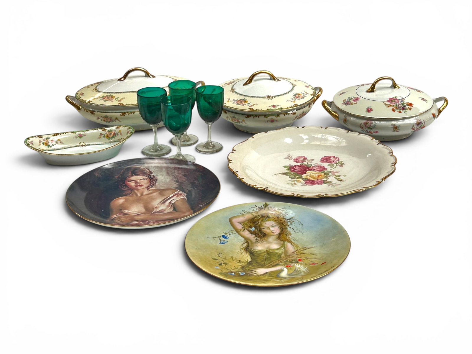 Lot of Porcelain Tableware & Art Glass Cordials.: The lot contains 11 items. There are 4 clear and deep turquoise hand blown cordials (one with a chip on the bottom edge), and the rest of the lot is porcelain. There are two plates with female figures