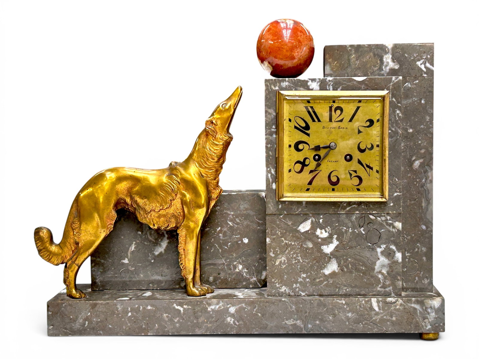 Art Deco Gray Marble Mantel Clock w/ Gilded Dog. (1 of 18)