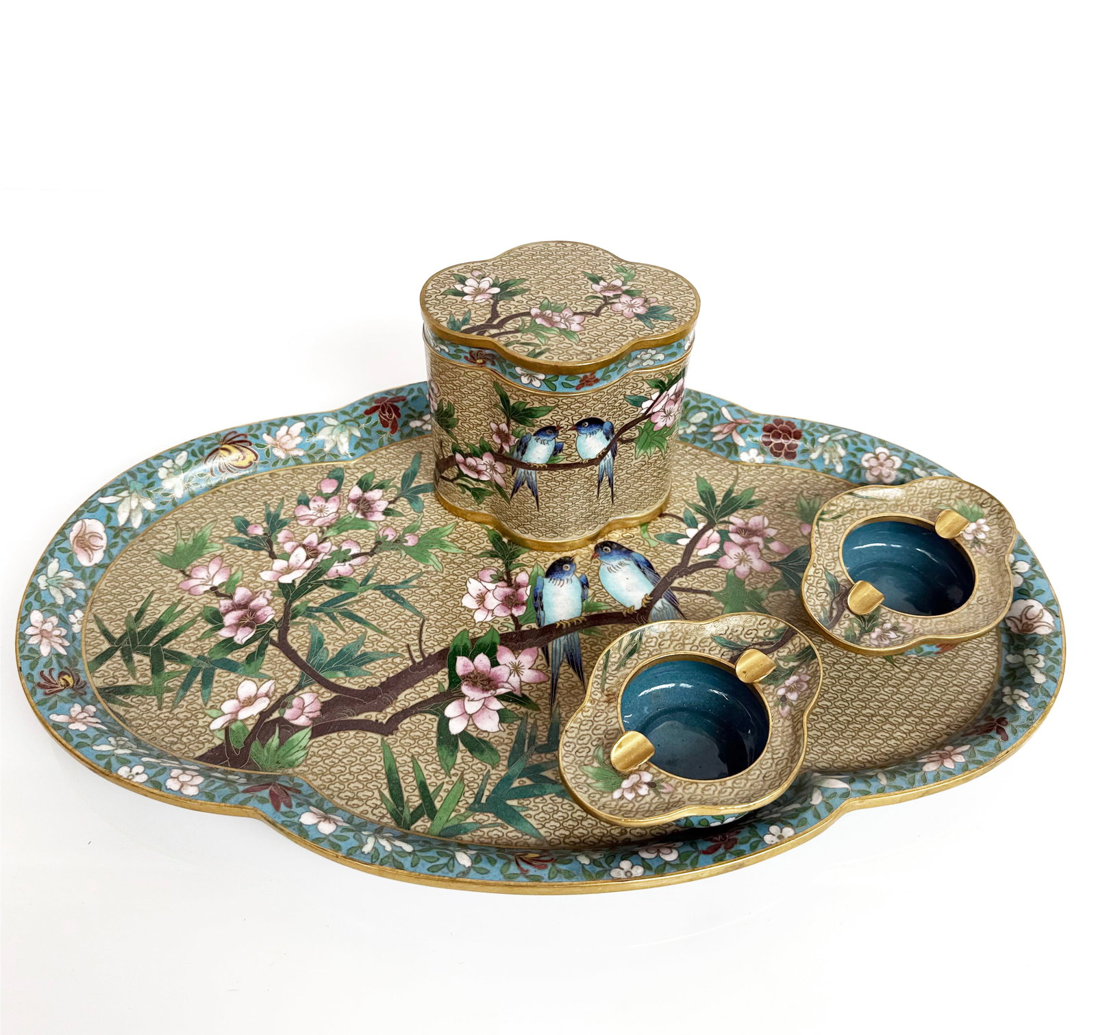 Vintage Chinese Cloisonne 4 Pc. Tray Set.: The set consists of a tray, tea caddy, and two ashtrays. The set looks to be in very good overall condition. The tray is the largest piece, measuring 7/8" tall, 15 3/8" wide, and 9 5/8" deep. The asht