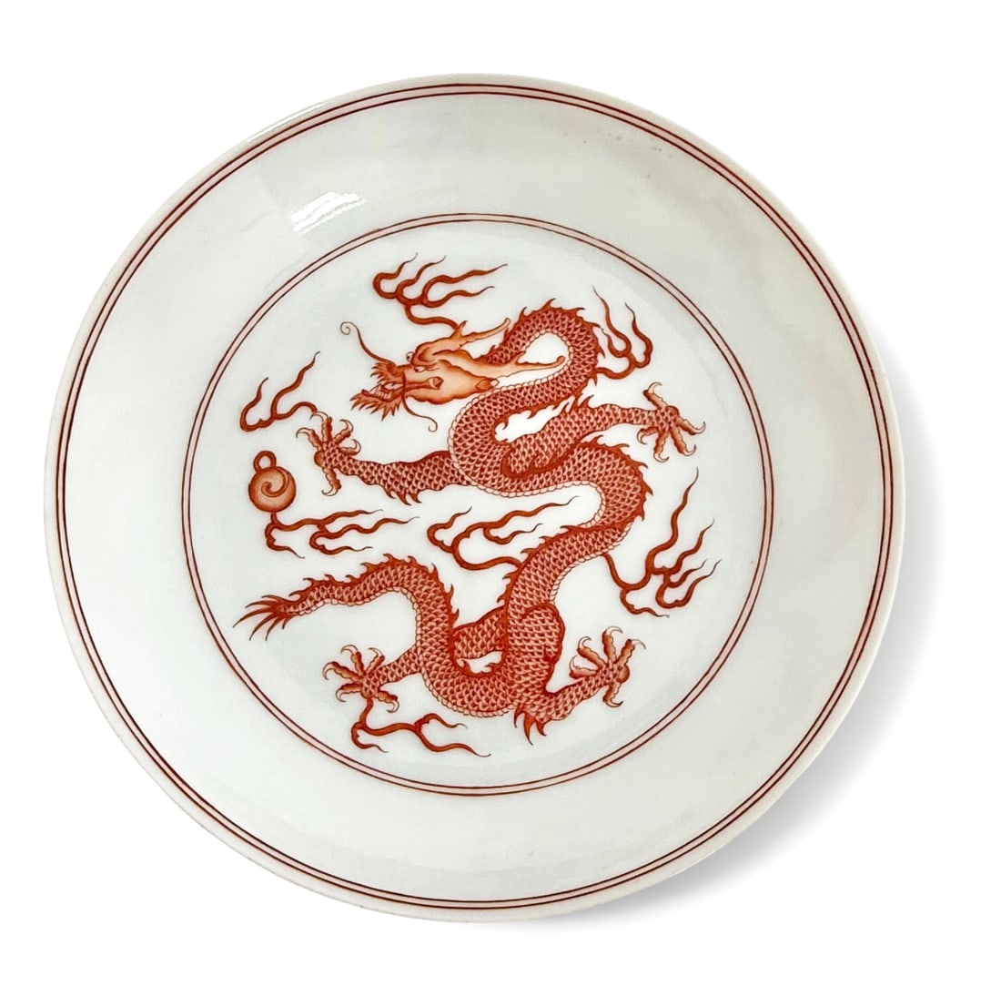 Chinese Iron Red Dragon Plate with Mark.: The plate is in good overall condition. It measures 1" tall and 5 5/8" in diameter. In-house shipping is available. Please see our website regarding in-house shipping procedures.