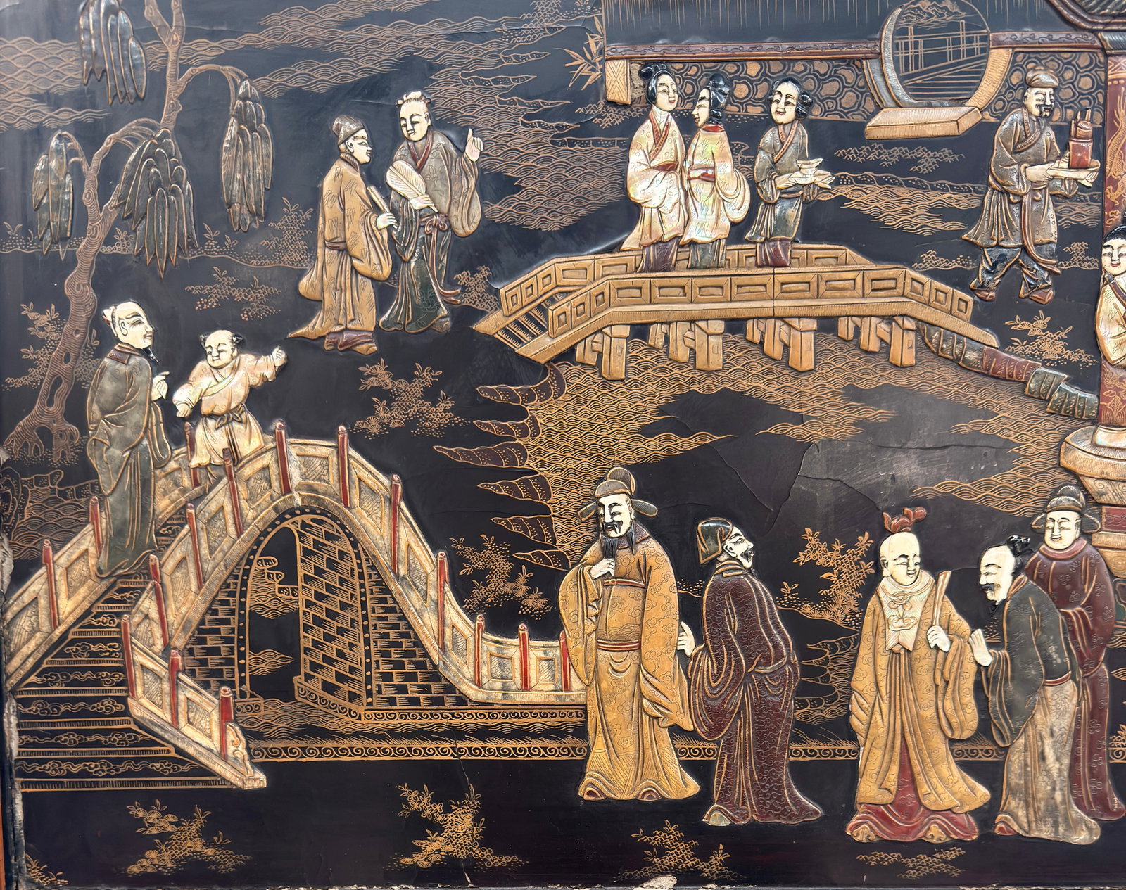 Large Old Chinese Carved Lacquer Table Screen. - 2