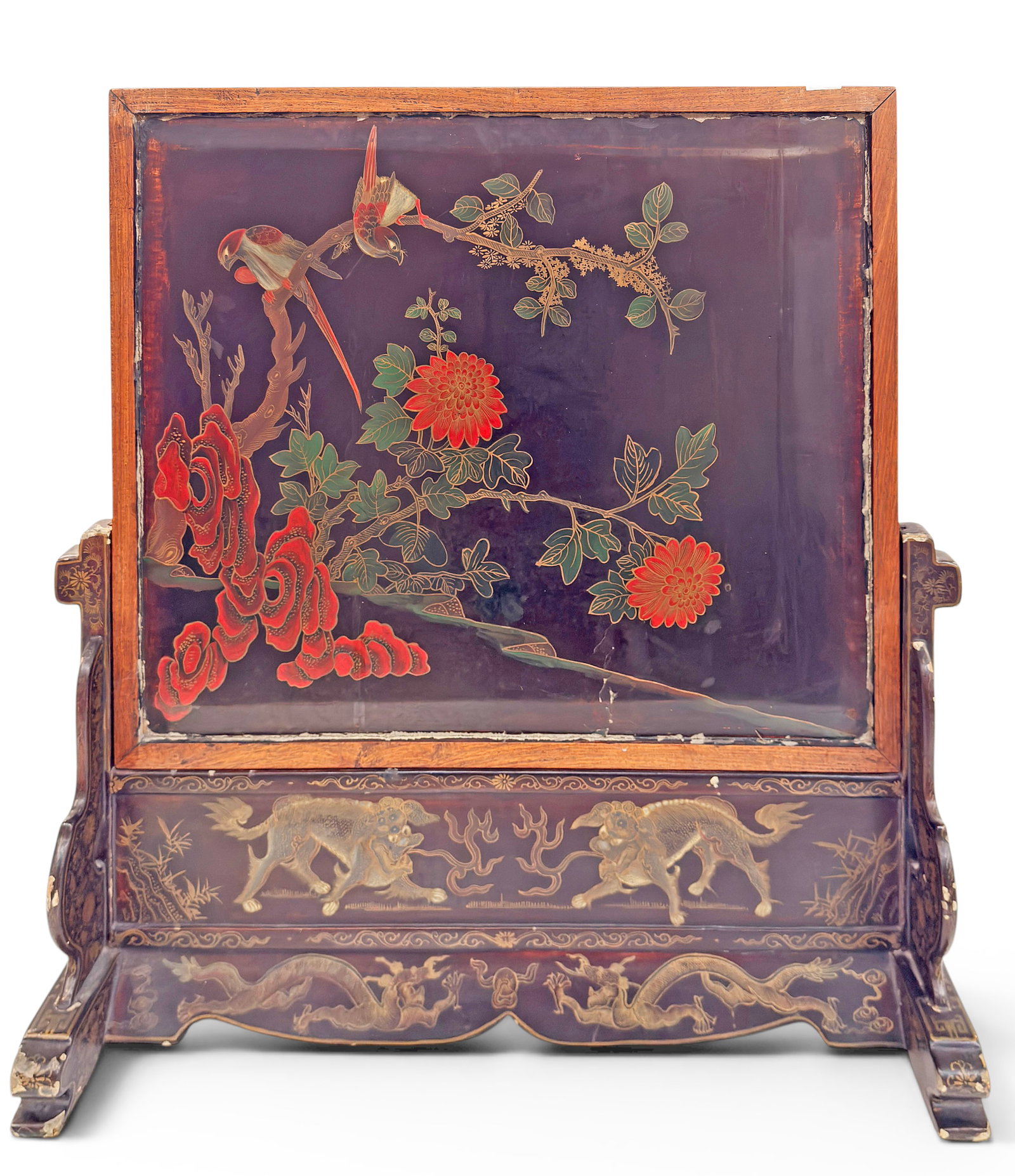 Large Old Chinese Carved Lacquer Table Screen. - 4