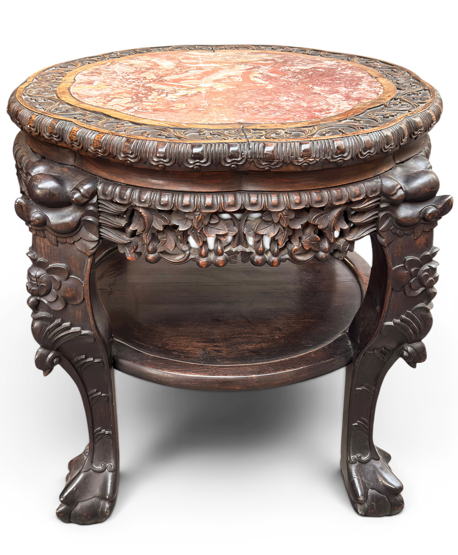 Chinese Antique Carved Marble Top Side Table.: This table has carved ball and claw feet. One of the legs is starting to separate from the rest of the table (please see photos). Otherwise, the table is in good overall condition. The table measures 