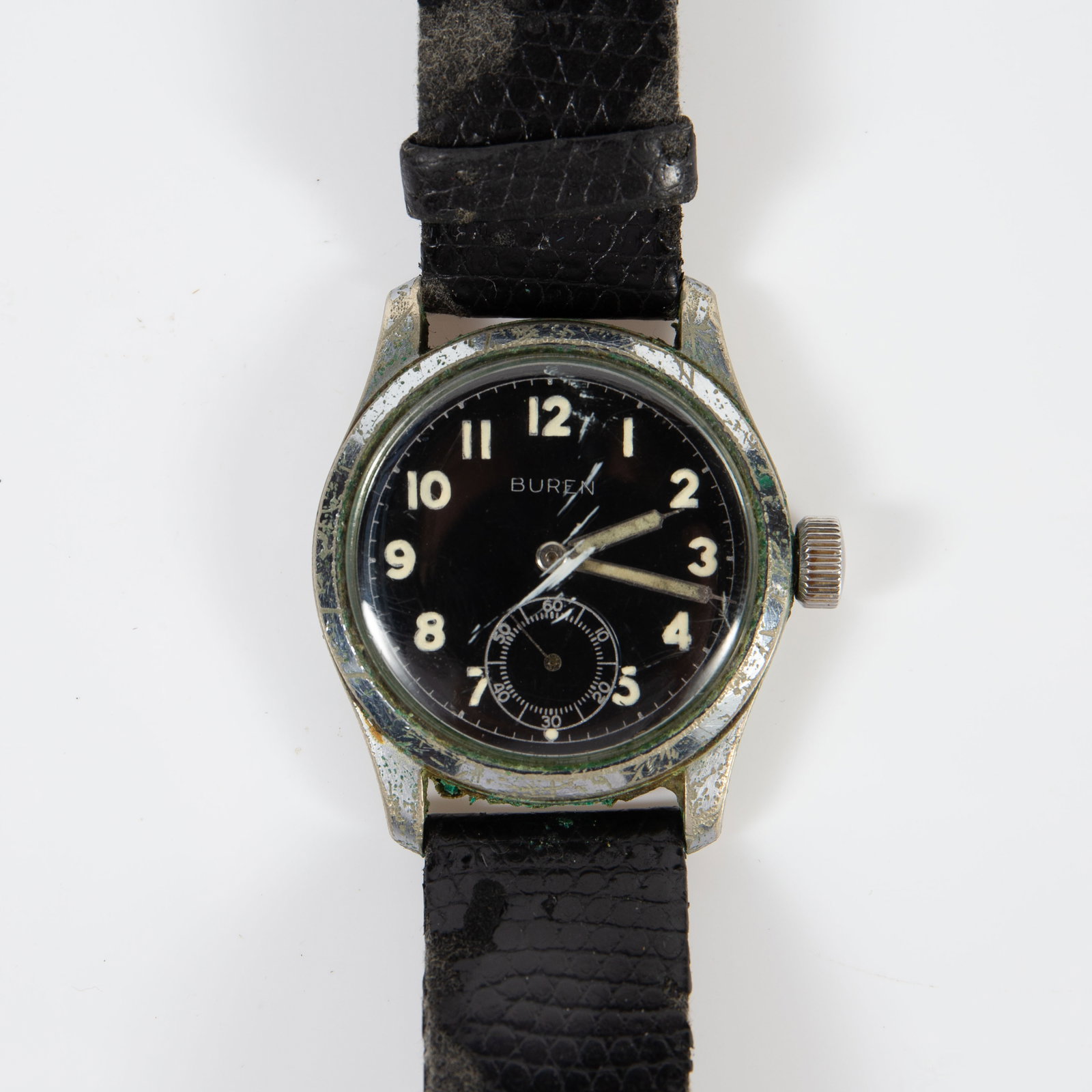 Bruen D.H. WWII German Military Watch.: The watch is stamped DH 9396 on the back, indicating that is was of official German Army Service use during World War II. The watch ticks smoothly, but has not been checked for accuracy. The metal cas