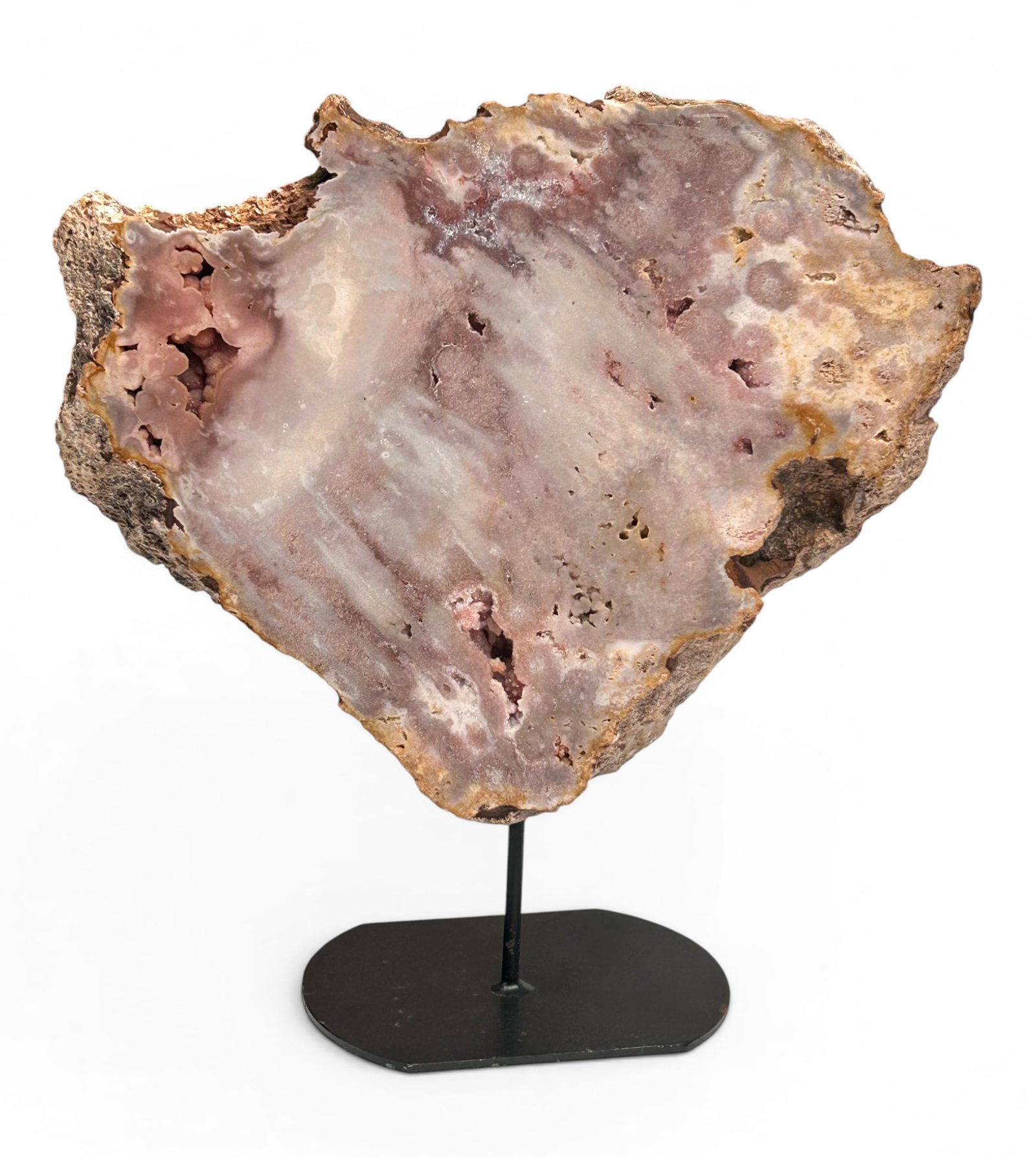 Pink Amethyst or Cherry Blossom Flower Agate Geode: This beautiful polished stone slab is on a 3 3/4" tall metal base. The stone measures 12 5/8" tall, 15 3/4" wide, and 4" deep. There are some scratches and stains on the base. Otherwise, the item is i