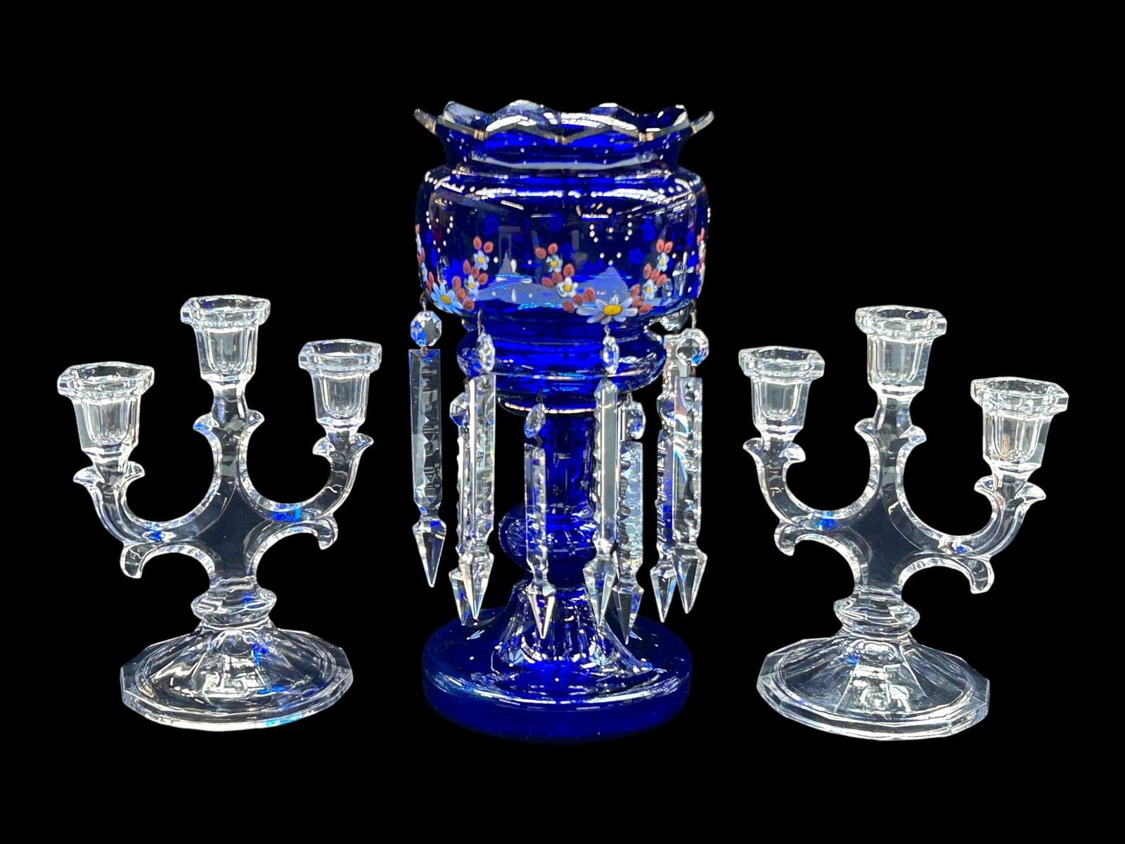 Victorian Cobalt Glass Luster & Candelabras. (1 of 8)