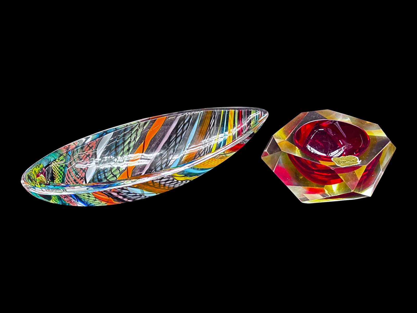 Lot: Seguso and Federica Murano Glass Bowls.: The oblong dish is signed, "Seguso" and has a sticker marked, "Brazil". The other bowl has a Federica sticker that reads, "Made in Murano". Both pieces look to be in nice condition. The oblong bowl me