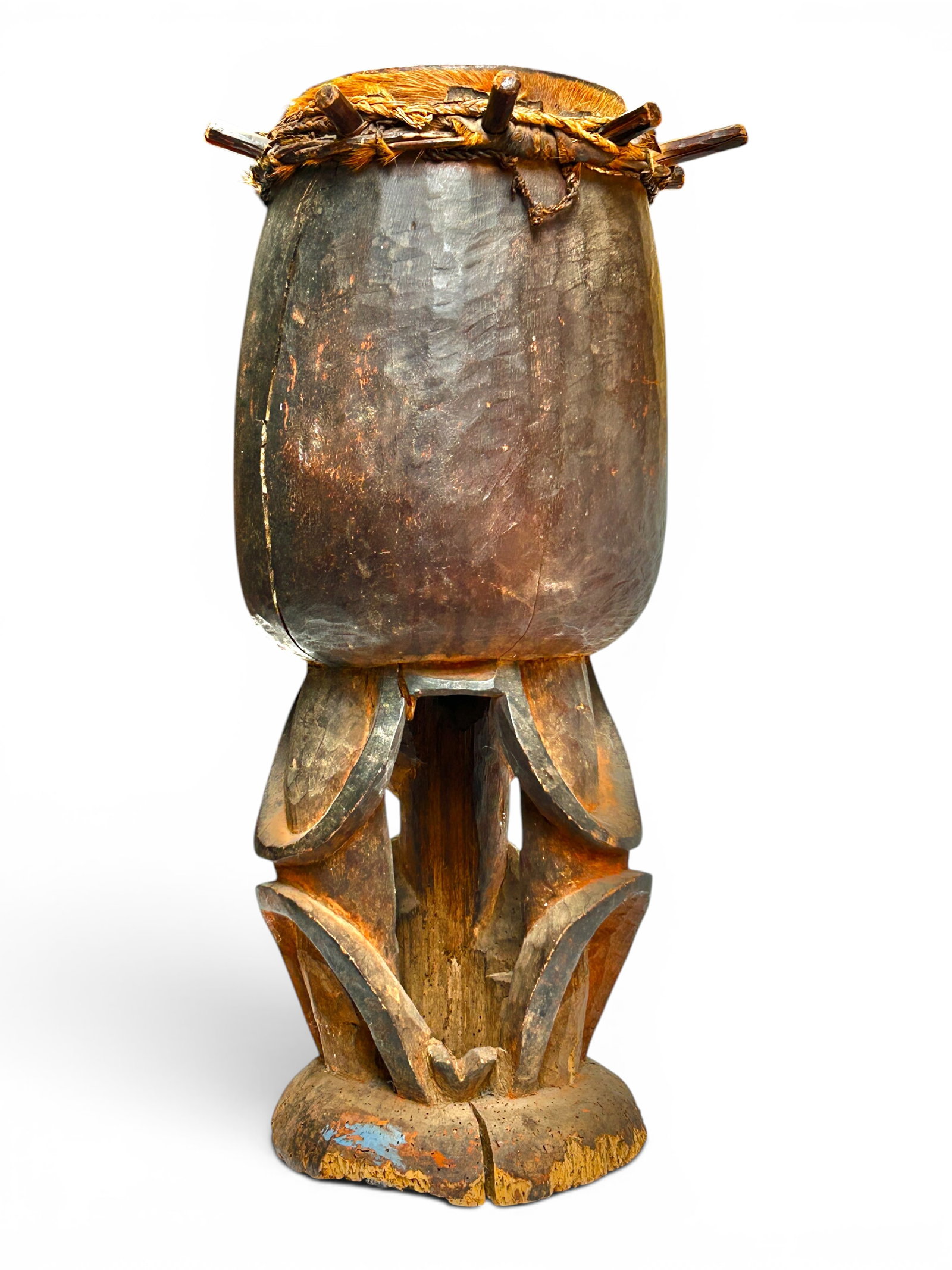 African Hand Carved Peg Drum on Pierced Base. (1 of 14)