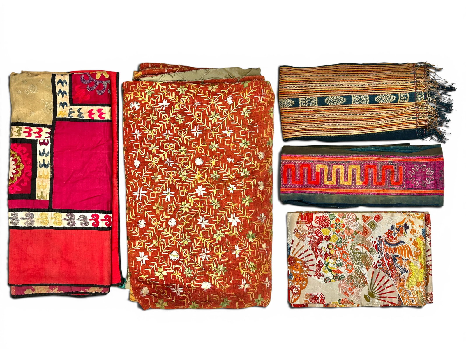 Lot of 5 Ethnographic Textiles - Obi, Uzbek, Hmong: The lot contains 5 distinct textiles. There is an Uzbek square piece with a red border, and a Japanese silk obi belt which measures roughly 12 1/2 Feet x 12 1/2 Inches. Next, there is a Thai Hmong Bat