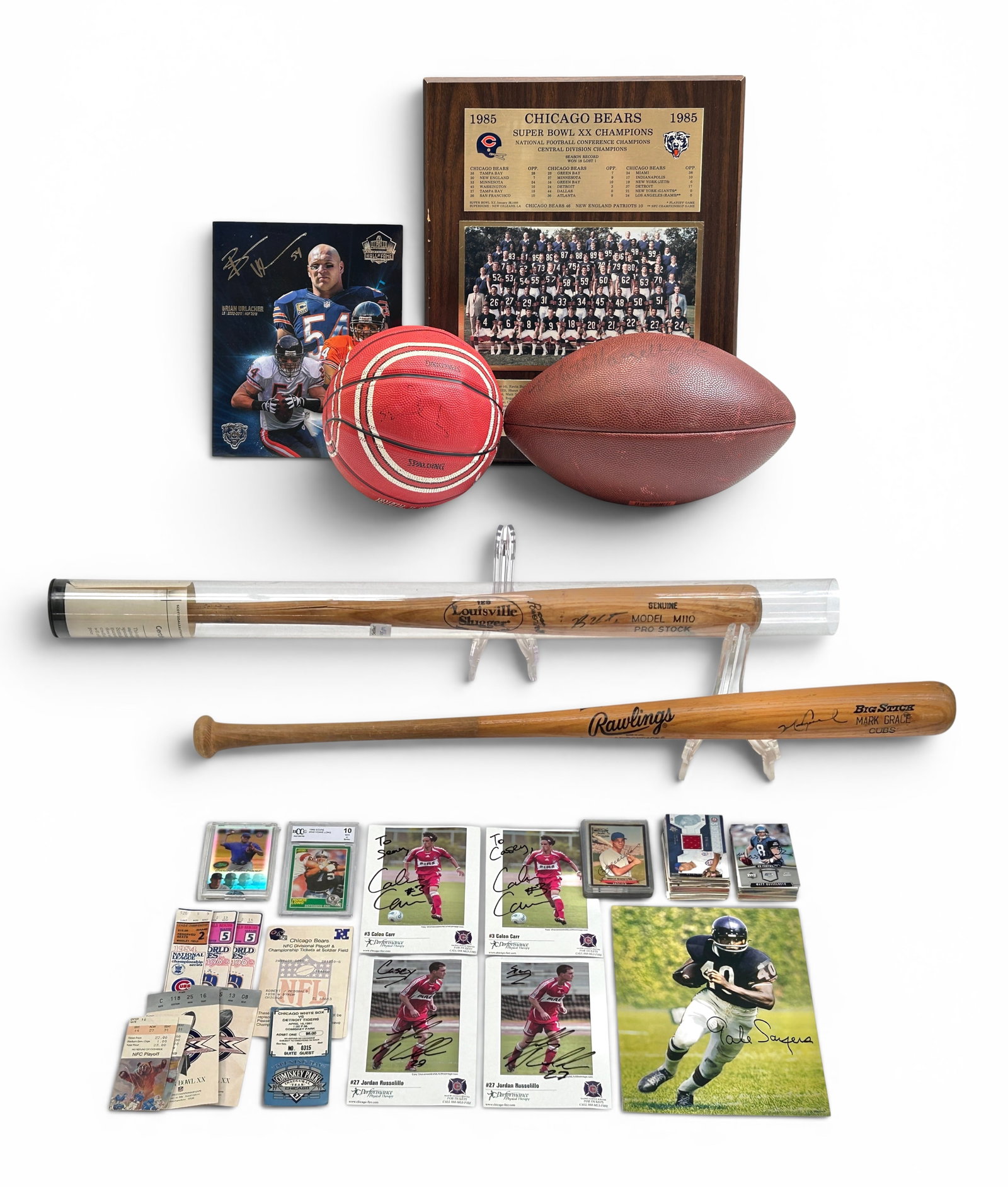 Sports Items, Some Autographed - Gale Sayers, etc: This lot includes the following: a Louisville Slugger broken bat signed by an unknown player (the consignor believes it to be George Brett), a Rawlings Adirondack baseball bat signed Mark Grace, a sig