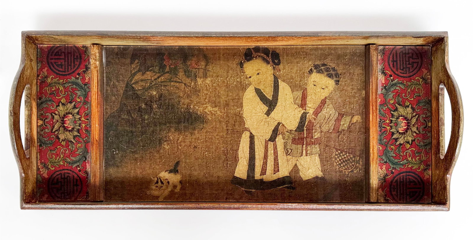 20th Century Chinese Wood Tray w/ Children Design.: The tray is adorned with double happiness and longevity symbols. The designs look to be printed, not handpainted. The tray is in good overall condition but it has a small loss or scuff on one edge. It