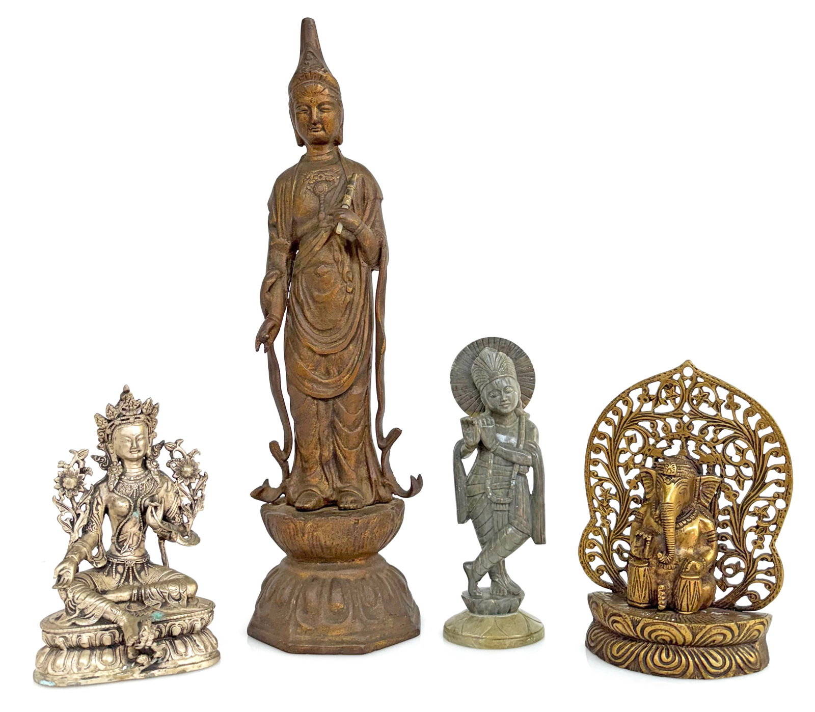 Lot of 20th Century Mostly Asian Figures.: The lot includes a bronze Ganesha figure, a white metal seated buddha, a green stone flutist figure (missing the flute, has some minor chips), and a large cast iron standing Guan Yin figure. This piec