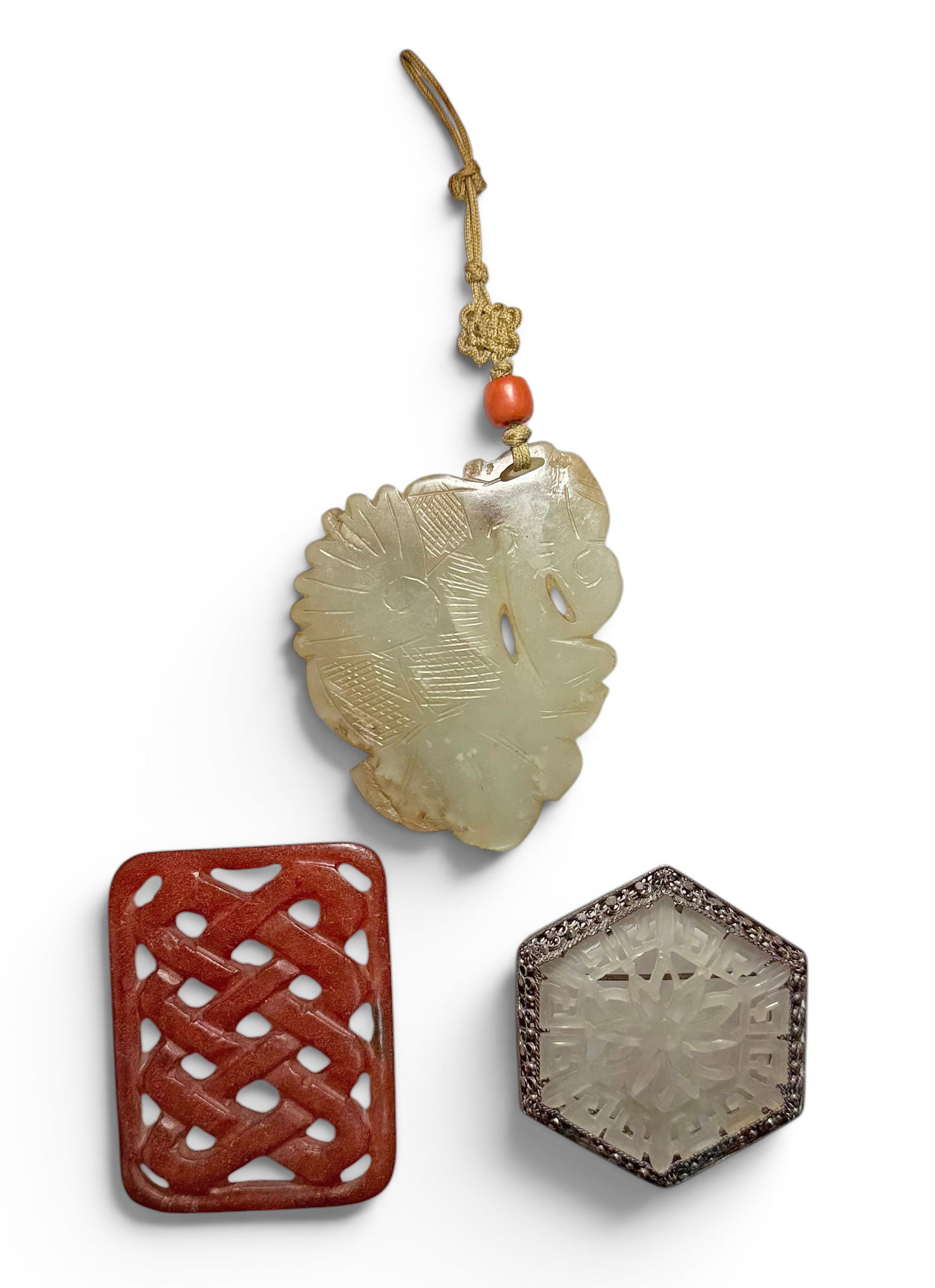 Lot of 3 Vintage Chinese Carved Jade Items.: The lot consists of two pendants and a hexagonal pin. All of the jade items look to be in good overall condition. The largest piece measures 2 7/8" long, 2 1/4" in maximum width, and 1/8" thick. The s