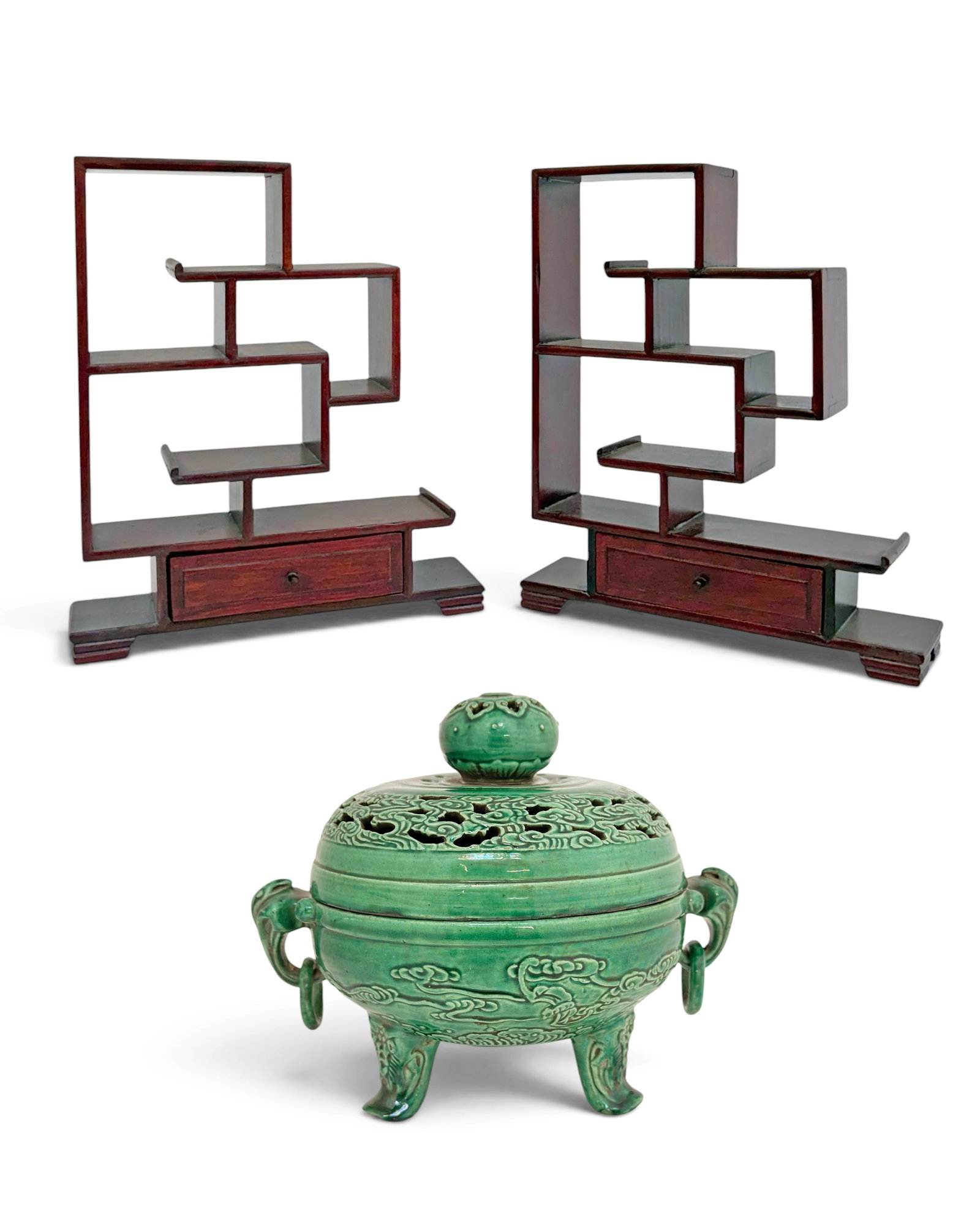Lot: Chinese Porcelain Censer & 2 Display Shelves.: One of the shelves has a small crack on the top (not very noticeable). Otherwise, the items look to be in good overall condition. The majolica censer has a mark on its underside. It measures 6 5/8" ta