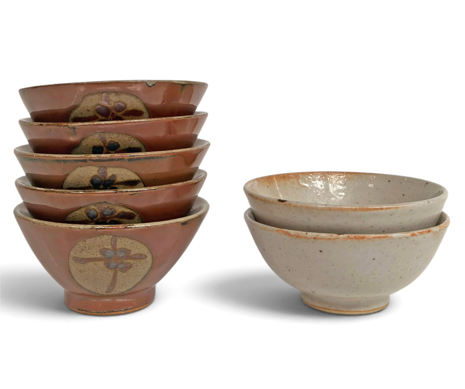 Lot of 7 Asian Tea Bowls, inc. Tenmoku Style.: Two of the tea bowls are signed. The other 5 are unsigned, and are Tenmoku style. One of these 5 matching bowls has a chip on the edge. The 5 unsigned bowls measure 3" tall and 6 1/8" tall. The 2 sign