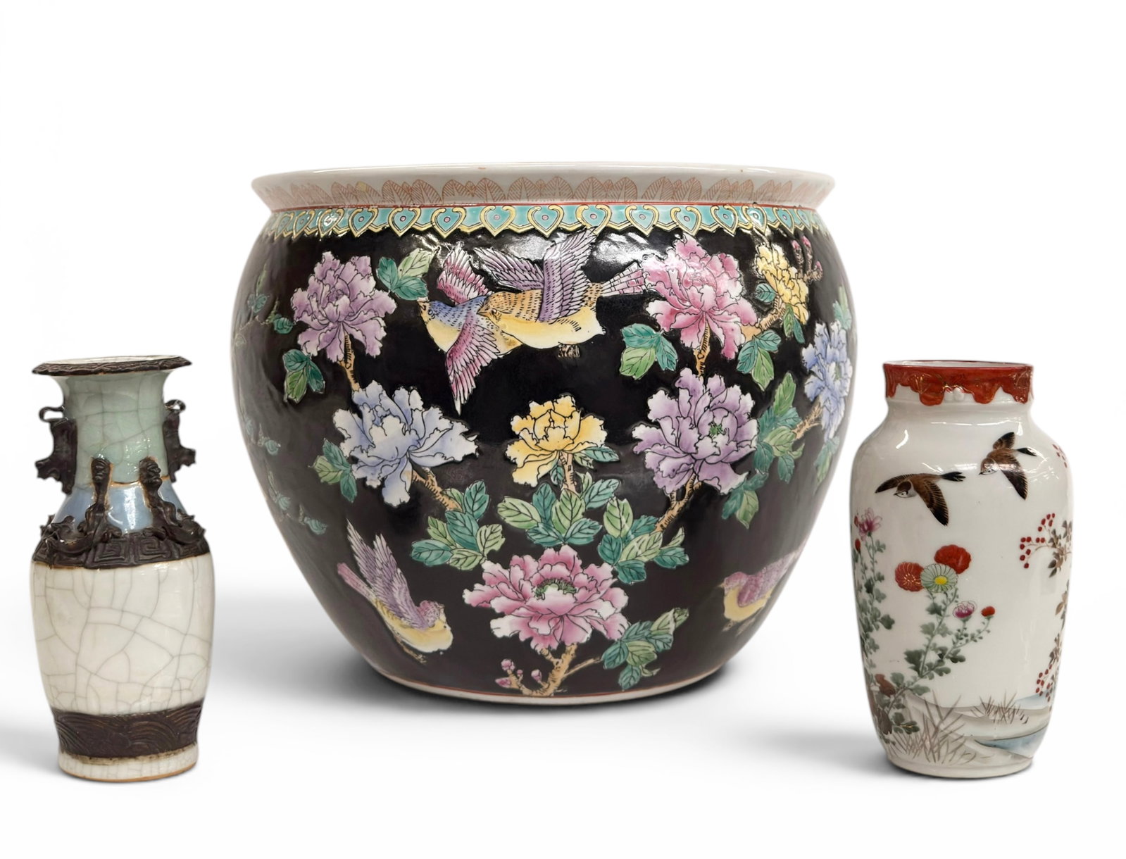 Chinese Porcelain Jardiniere & 2 Asian Vases.: The signed Japanese vase has a hairline crack in the glaze. It does not go all the way through to the inside. Also included is a signed Chinese vase with crackle glaze. It is in good condition. There 