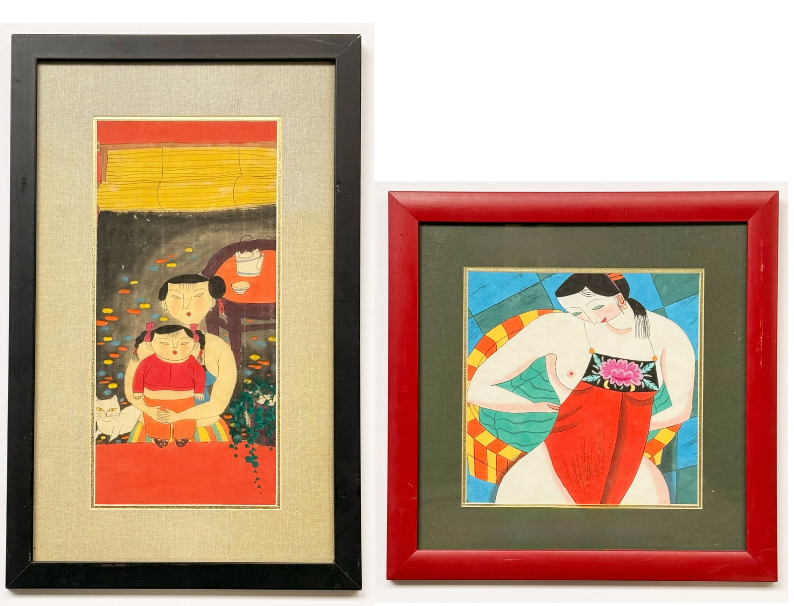 Lot of 2 Hu Yongkai Style Paintings.: The paintings look to be ink and color on paper. They are unsigned. One is of a partially nude woman, and one is of a mother and child. The image sizes are 8" x 8" and 13 1/8" x 6 1/4". The frame