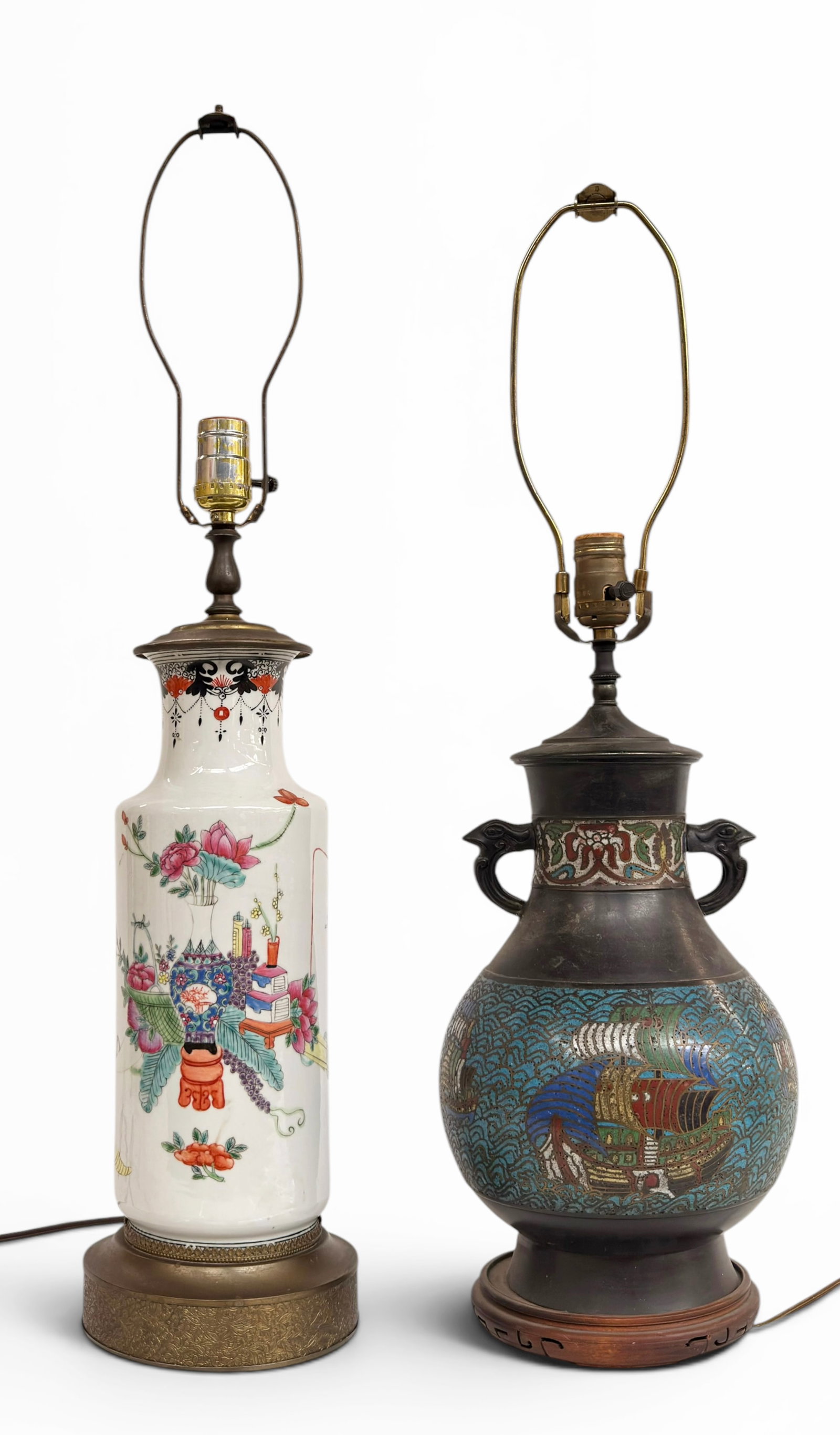 Lot of Two Chinese Lamps - Porcelain & Champleve. (1 of 4)