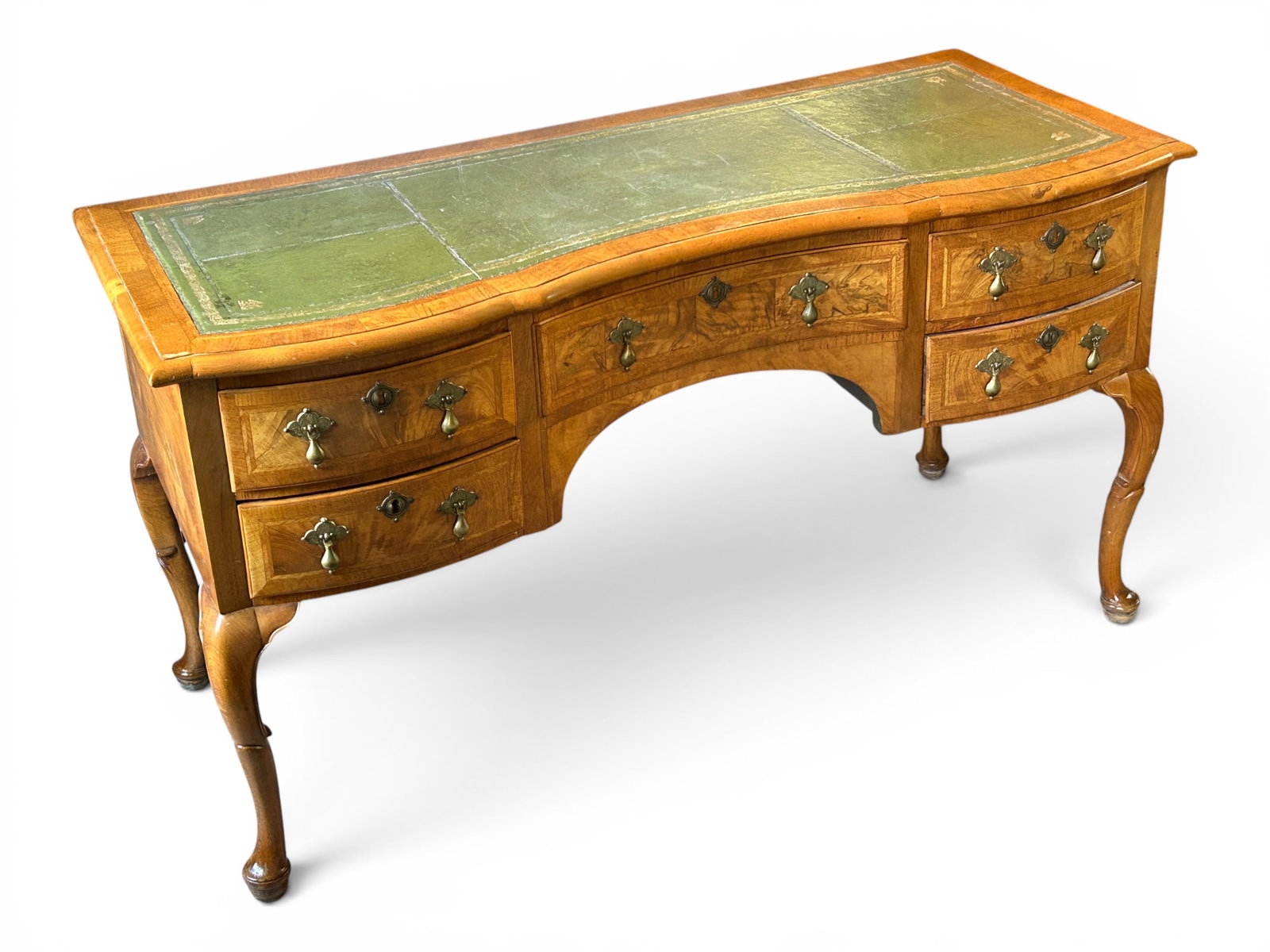 Antique Burled Wood Desk with Green Leather Top. (1 of 9)