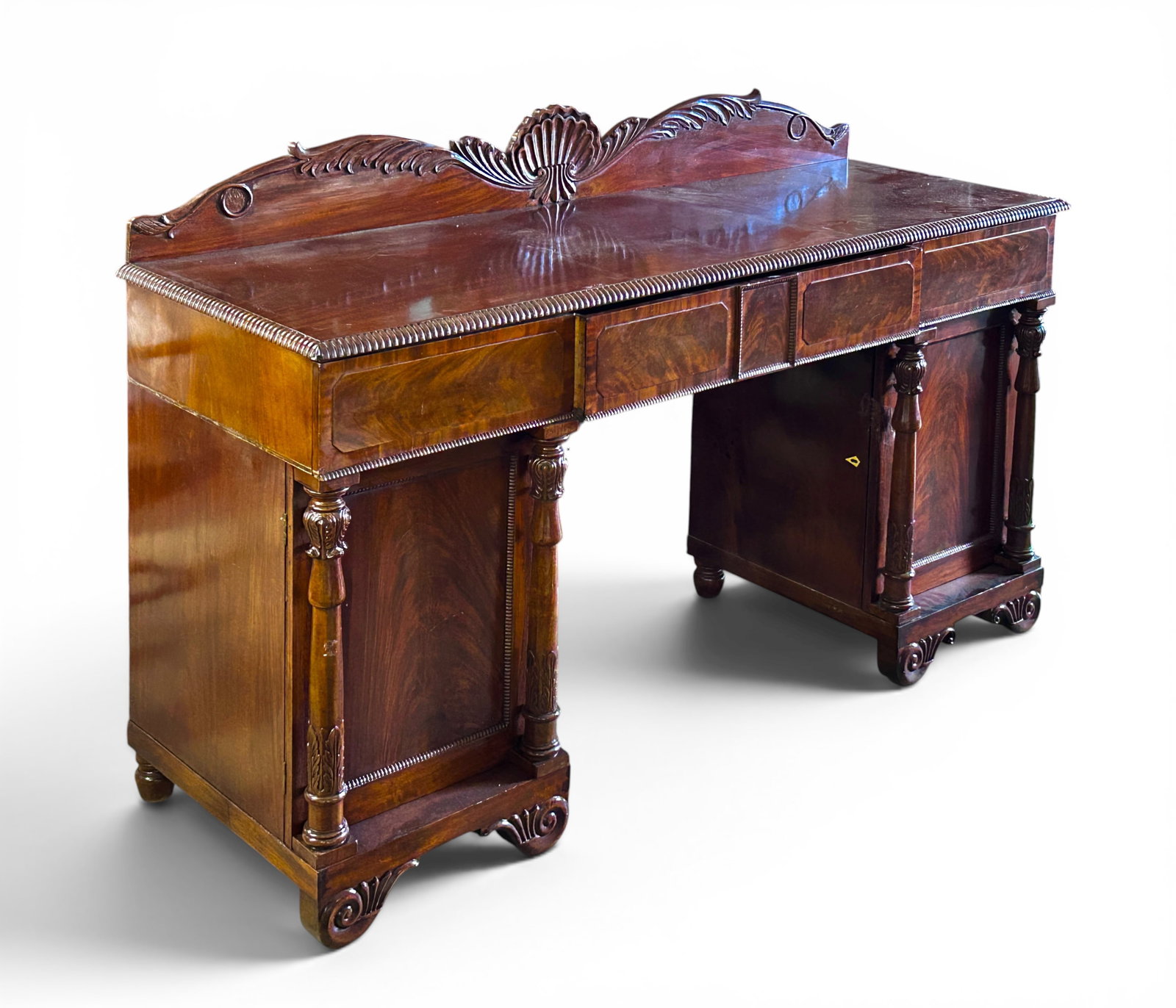 Ornately Carved Flame Mahogany Sideboard. (1 of 13)