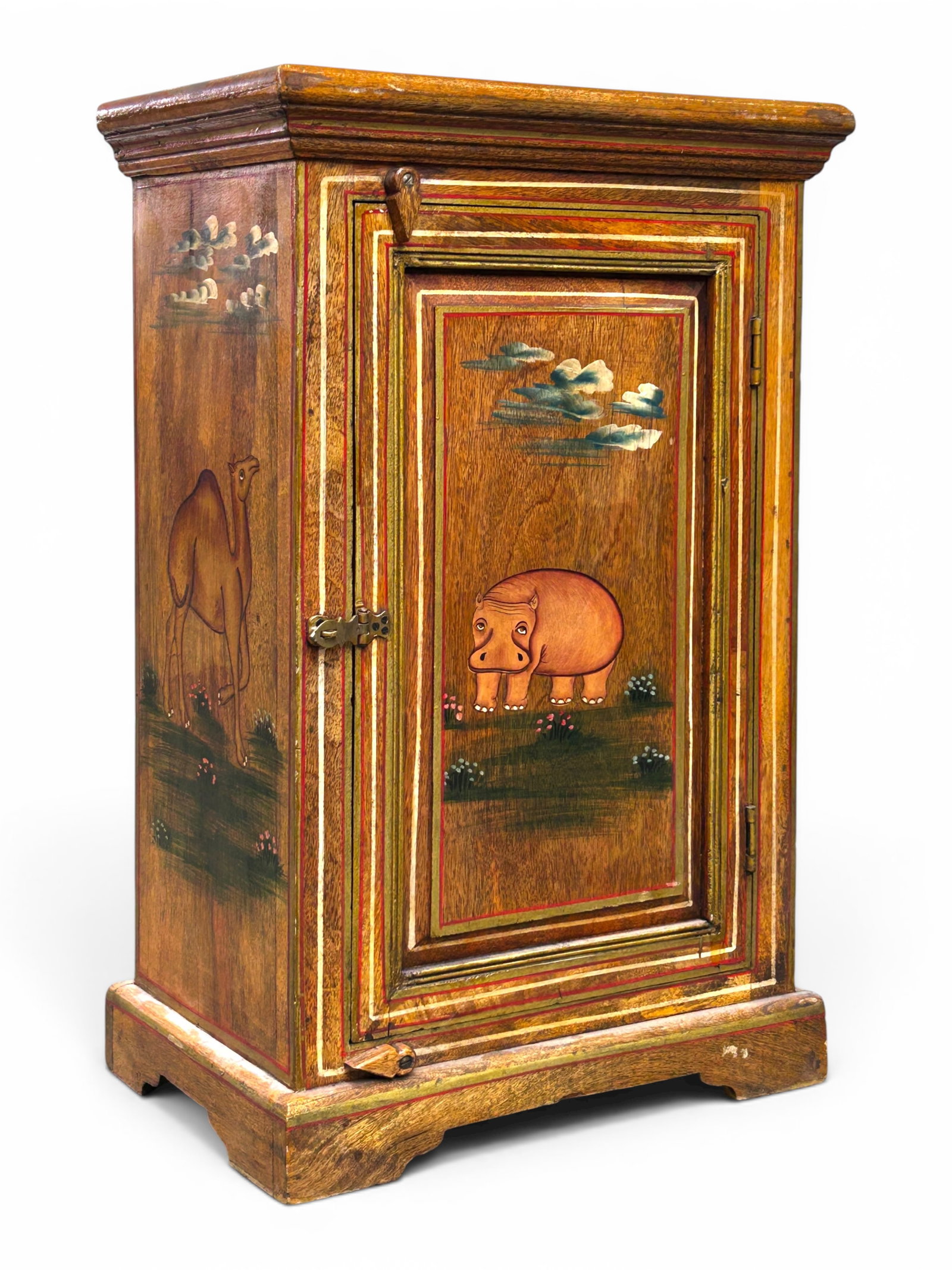 Painted Cabinet w/ Animal Scenes, Made in India.: The whimsical cabinet features an elephant, a hippopotamus, a camel, and a horse on the top, front, and sides. The animals are depicted in grassy floral fields with blue and white clouds above them.