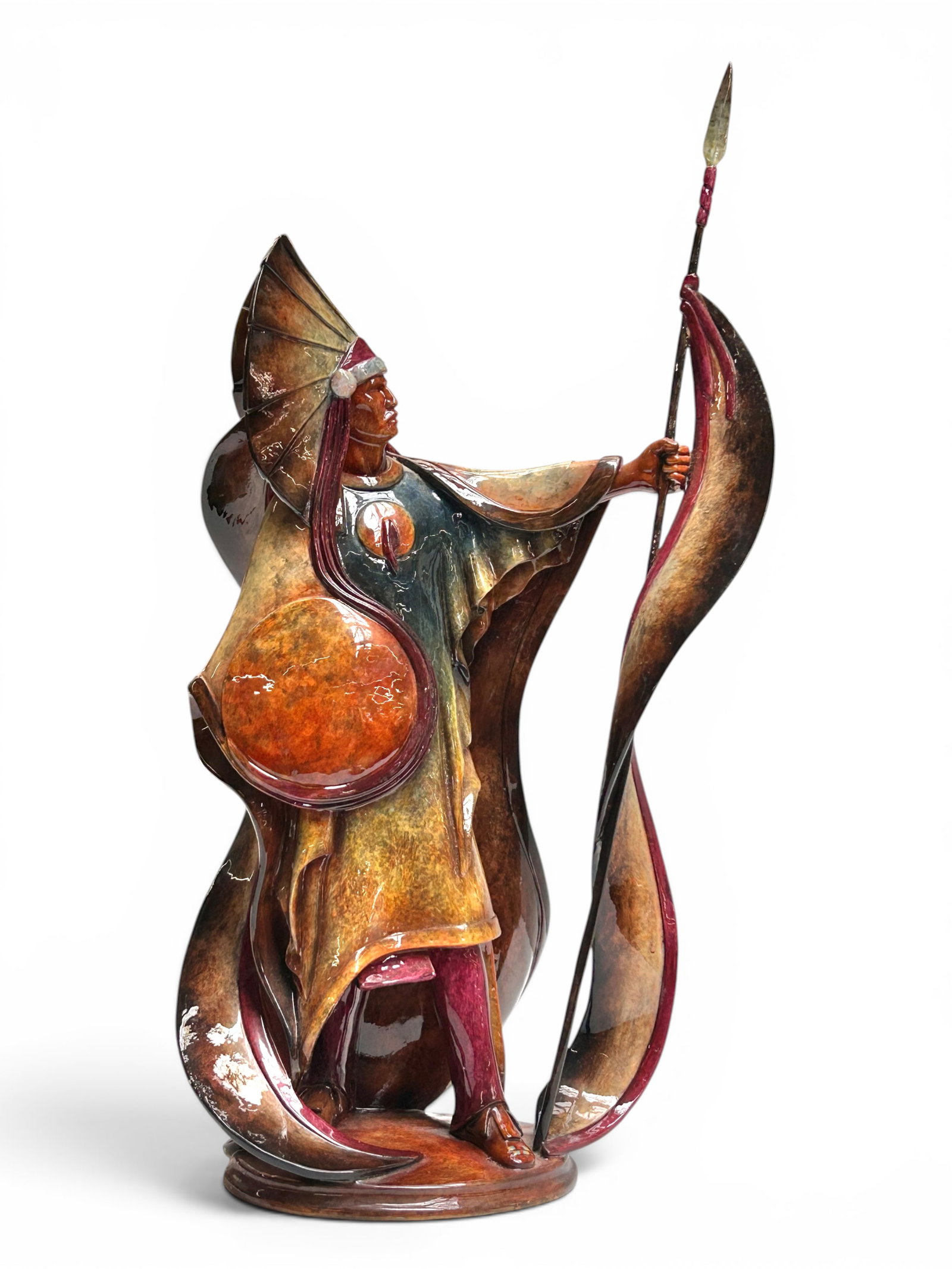 Stephen Herrero Veneration Sculpture, 2007.: The glazed sculpture is of a Native American Indian chief holding a spear. It is marked Imago Edition No. 356/2500 MCSI 2007 Veneration by Stephen Herrero on the underside. It measures 20 3/4" tall, 1