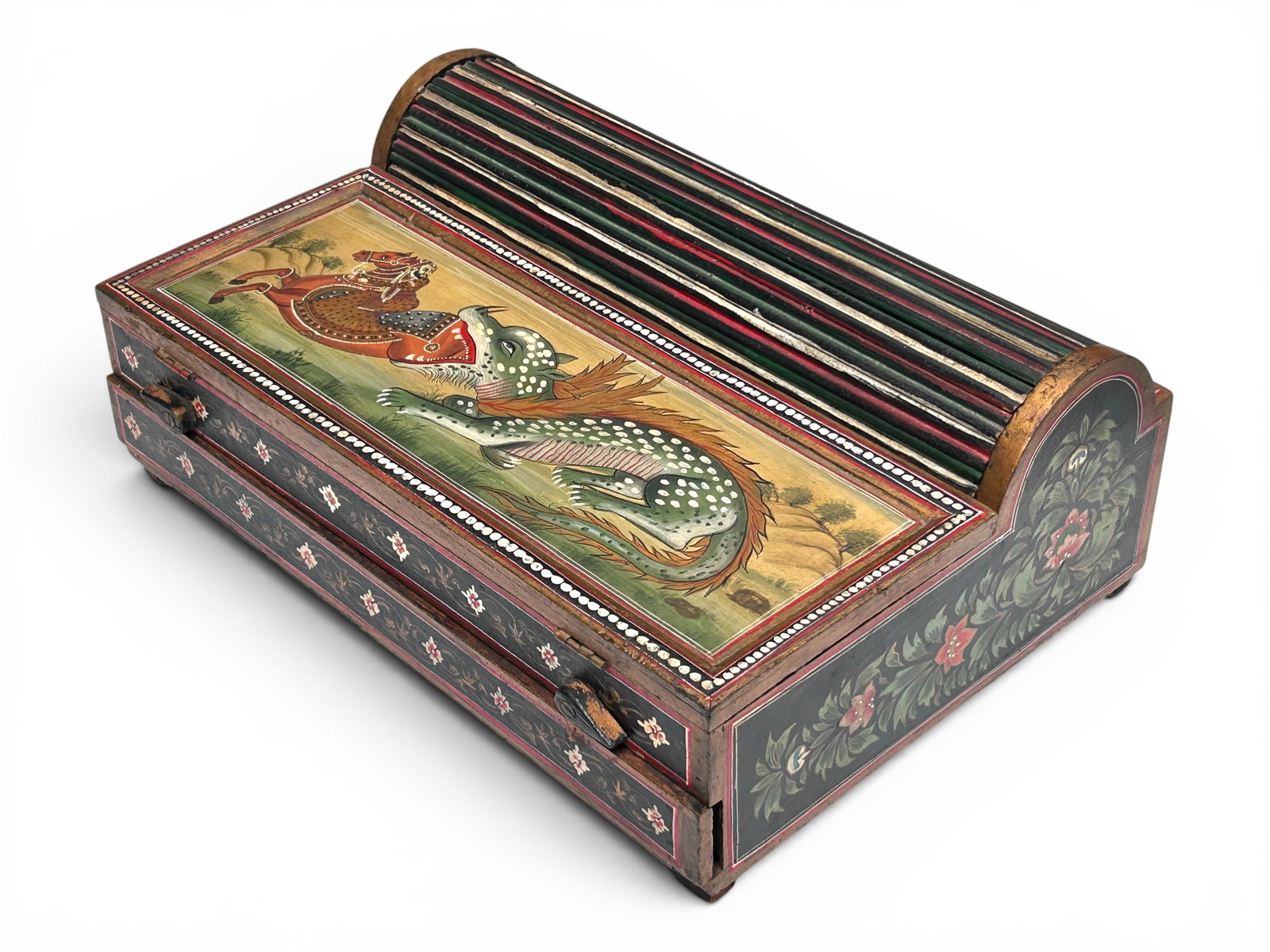 Middle Eastern Hand Painted Travel Lap Desk.: The vintage item features a handpainted hunting scene of a dragon eating a Persian style horse and rider on the top, and floral and geometric patterns throughout. It has a bottom drawer which, when op