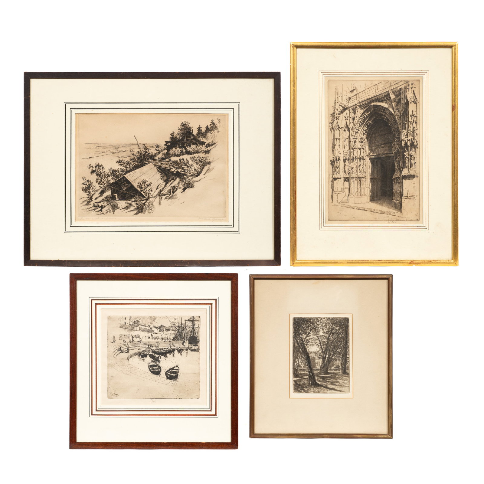 Four Etchings - Haden, Pennell, Young, etc.: This lot contains four antique / vintage etchings by artists such as: Francis Seymour Haden (English, 1818-1910), Joseph Pennell (American, 1857-1926), Otto J. Schneider (American, 1875-1946), and Wil