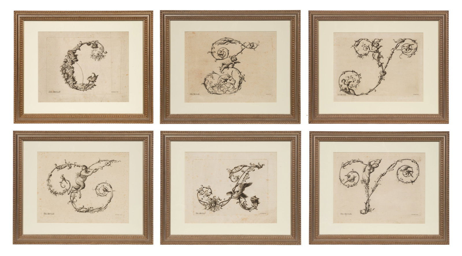 18th Cent. Alphabet Engravings - Poggi & Lorenzi.: This lot contains six 18th century engravings depicting the alphabet. These were designed by Mauro Poggi, and engraved by Lorenzo Lorenzi, ca. 1760. Paperwork/Provenance: N/A Condition: Signs of tonin