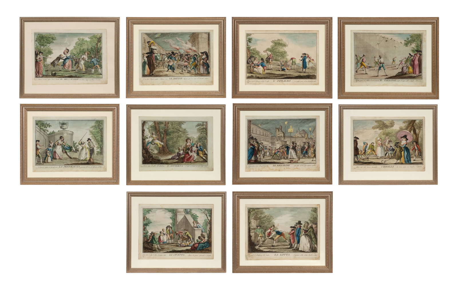 Ten 18th Century Engravings - Lasinio and Piatolli: This lot contains ten hand-colored engravings showing old games and Tuscan traditions by Carlo Lasinio and Giuseppe Piattoli, ca. 1790. Paperwork/Provenance: N/A Condition: Most of the lot shows wear 