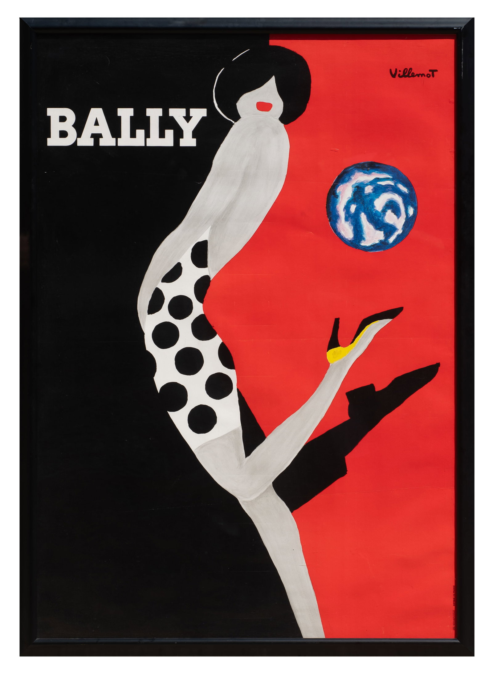Large Framed Poster - Bally Kick, Bernard Villemot: This lot contains a French poster from artist Bernard Villemot. Paperwork/Provenance: N/A Condition: Has creases from previously being stored rolled. Scuffs to the plexiglass an frame. Measurement(s):