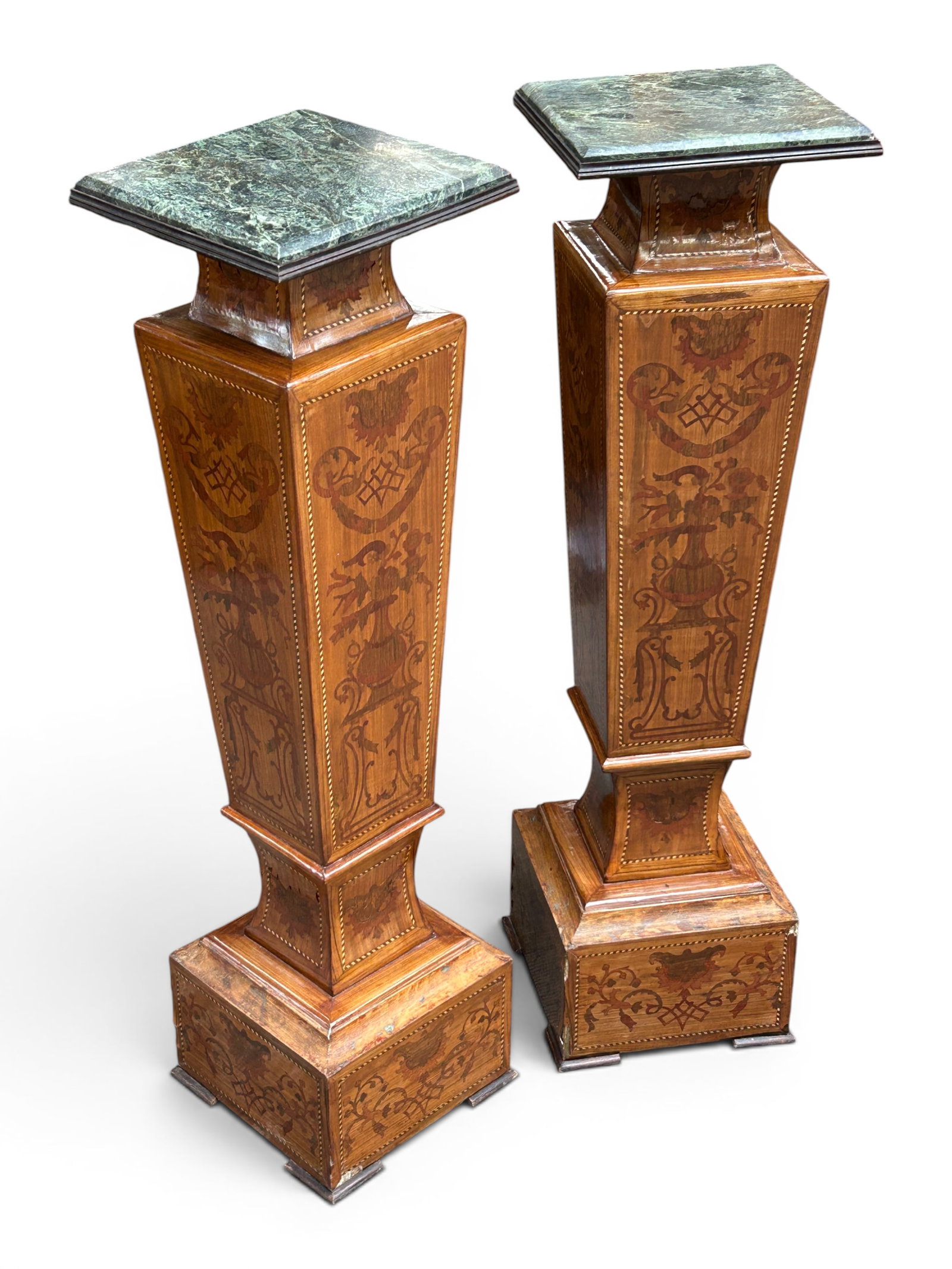 Pair of Marquetry Inlaid Pedestals w/ Marble Tops. (1 of 16)