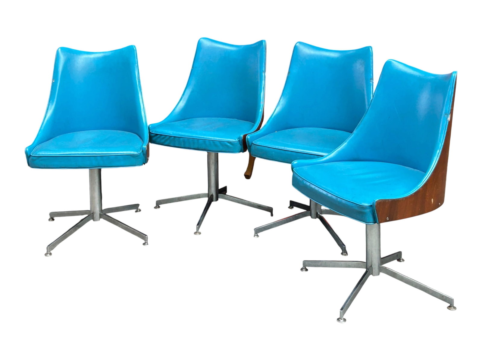 4 Milo Baughman - Thayer Coggin Chairs.: The Mid Century Modern chairs have the original designer and manufacturers' labels on the underside. They have a turquoise vinyl upholstery, a Plycraft back, chrome legs, and they swivel 360 Degrees. 