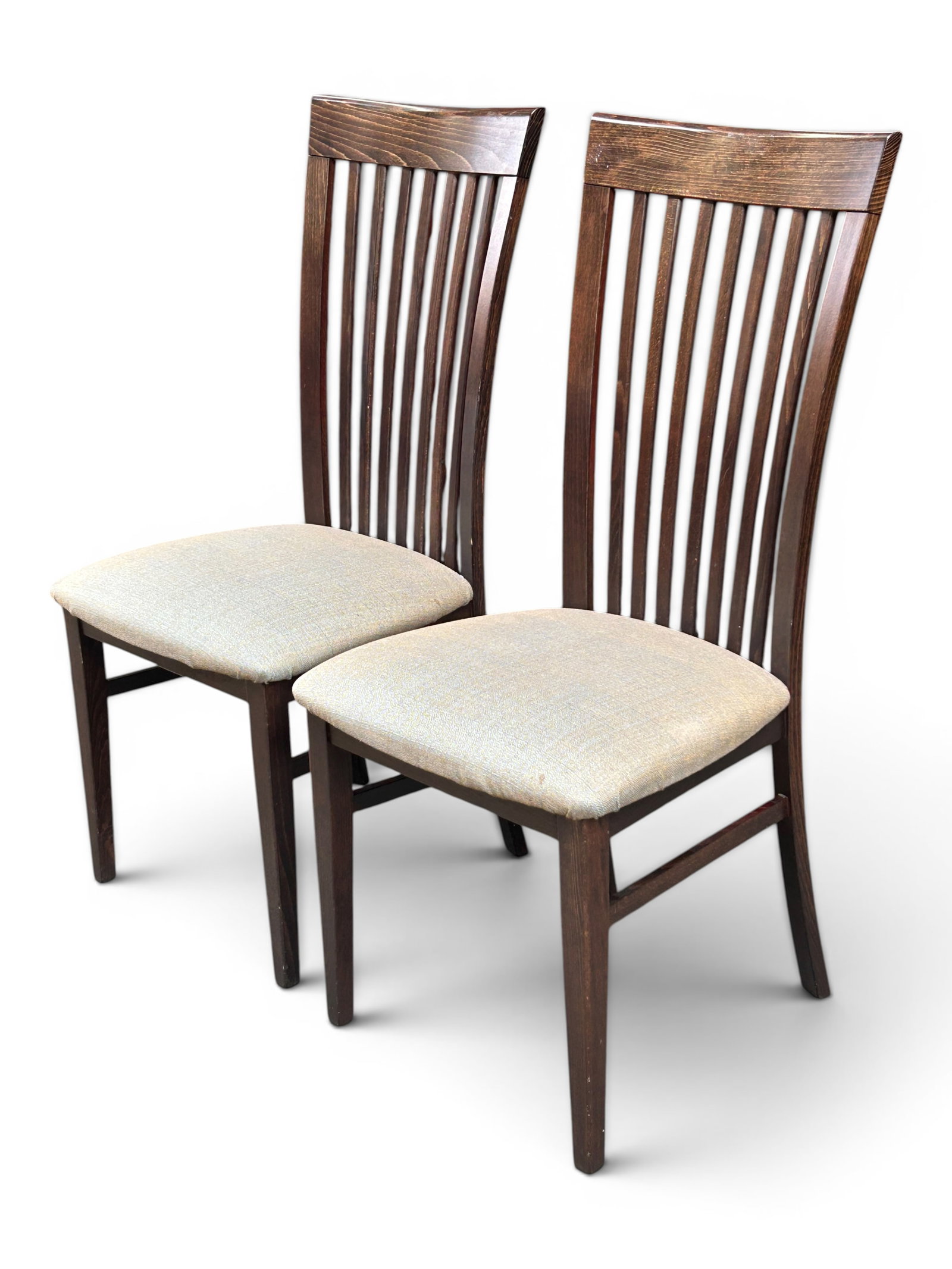 Pr. of Italian Side of Dining Chairs.: The contemporary chairs are made in Italy, and have the original labels on the undersides. They feature a high back, with vertical slats and upholstered seats. They have a varnished light-colored