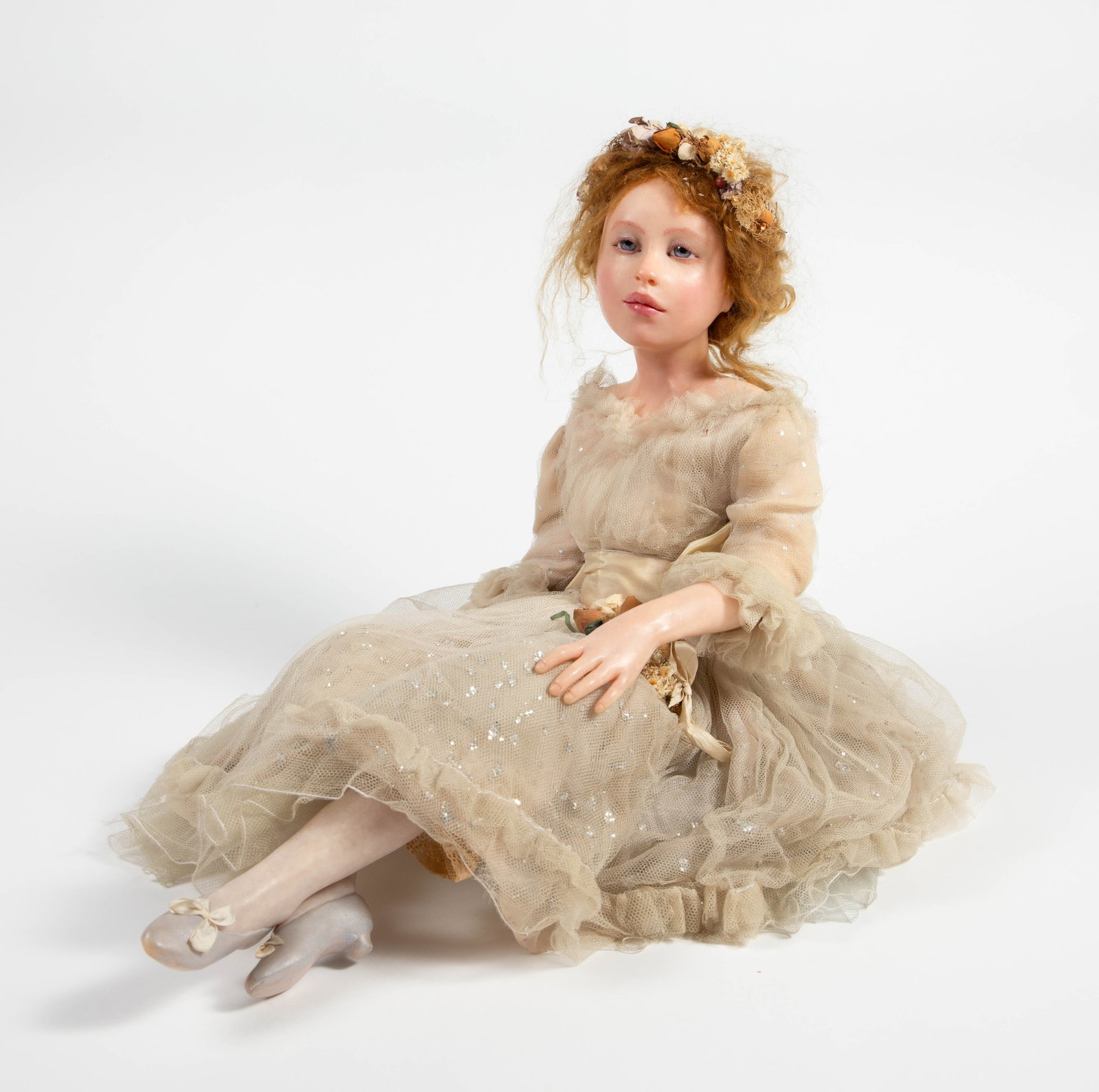 Anna Brahms Signed Doll, Dated 1990.: She is a fair-haired, blue-eyed doll, signed on the back of the neck. The fabric of her dress is quite fragile, and has torn in several areas. The doll measures 15" x 9 1/2" x 14 1/2". In-house shippi