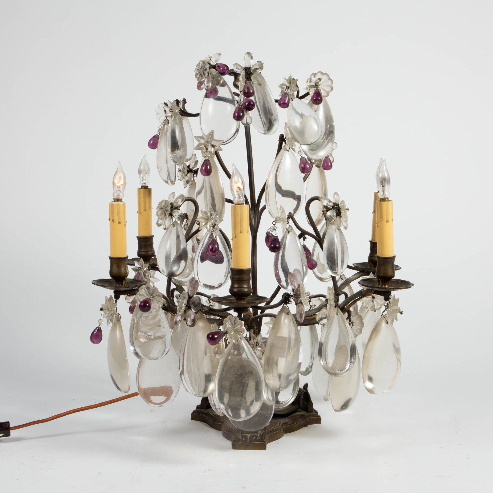 Electrified Girandole Candelabra Lamp w/ Dangles.: This bronze lamp could use a cleaning, but looks to be in overall good cosmetic condition. It is very heavy. It has five peripheral lights and one central holder for a real candle. The lamp has a grap