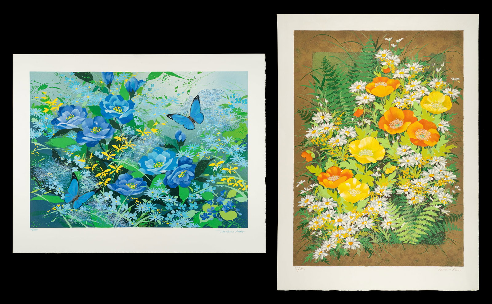 Lot of Two Serigraphs by Tatsuo Ito.: Tatsuo Ito (Japanese, 20th Century). This lot contains two floral serigraphs titled, "Fleur d'ete" and "Jardin Bleu". Both are signed by the artist and numbered in their lower margins. The silkscreens