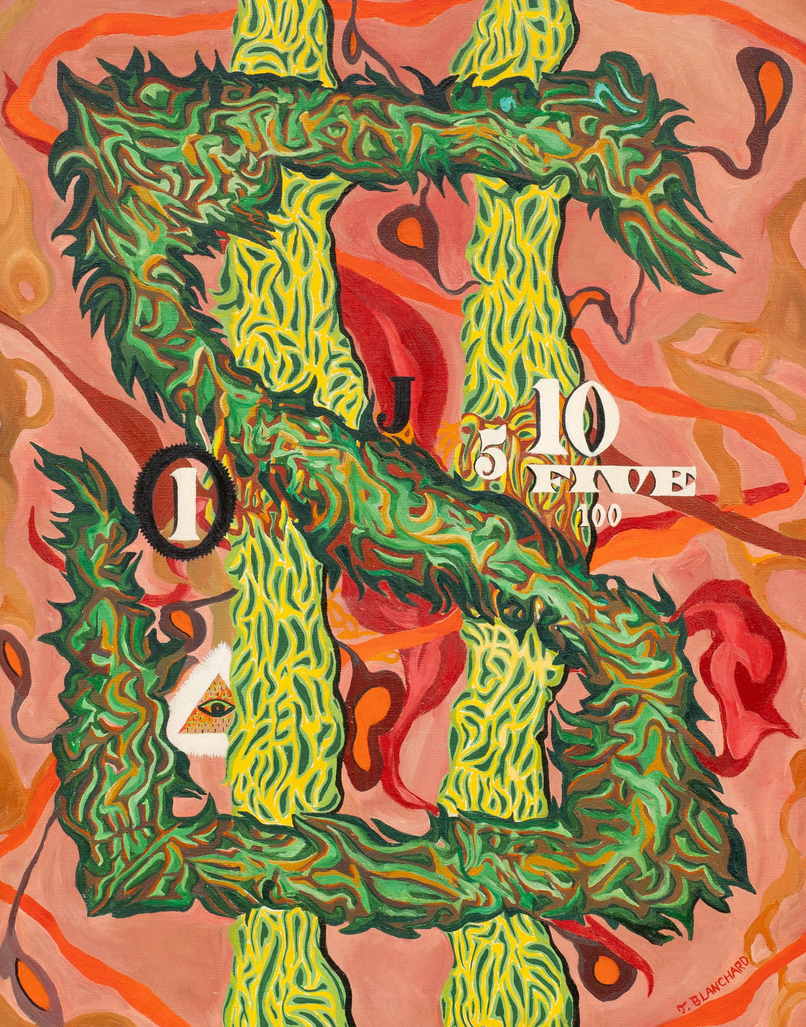 Dollar Sign, Pop Art Style, Jacques Blanchard.: Artist(s): Jacques Blanchard (20th Century). "Symbol de les Dollars", ca. 1950s. Medium: Acrylic Painting on canvas. Signature(s): Lower right. It is also signed and titled en verso. Paperwork/Provena