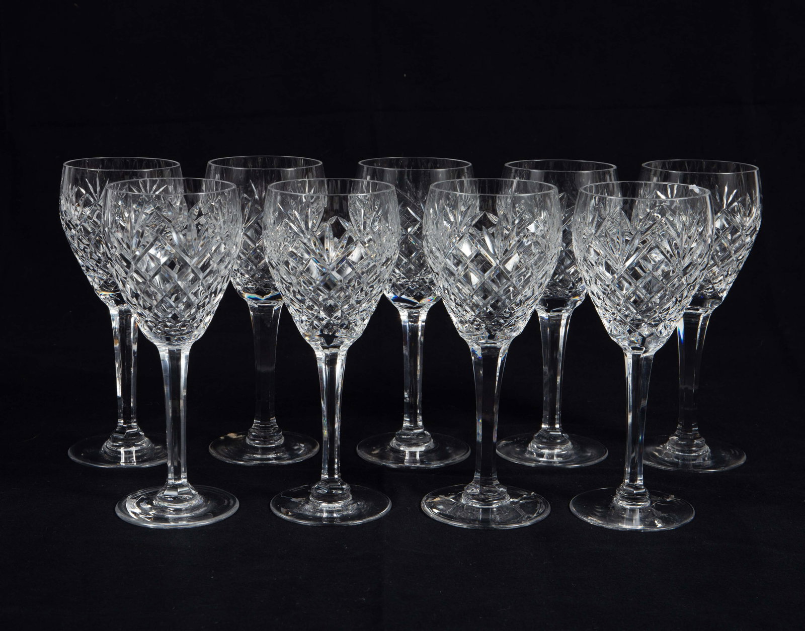 Set of 9 Marquis by Waterford Crystal Goblets.: These wine glasses are in the "Merano" pattern. Overall, they look to be in nice condition. Each glass measures 3 1/4" x 3 1/4" x 7 7/8". In-house shipping is available. Please see our website regardi