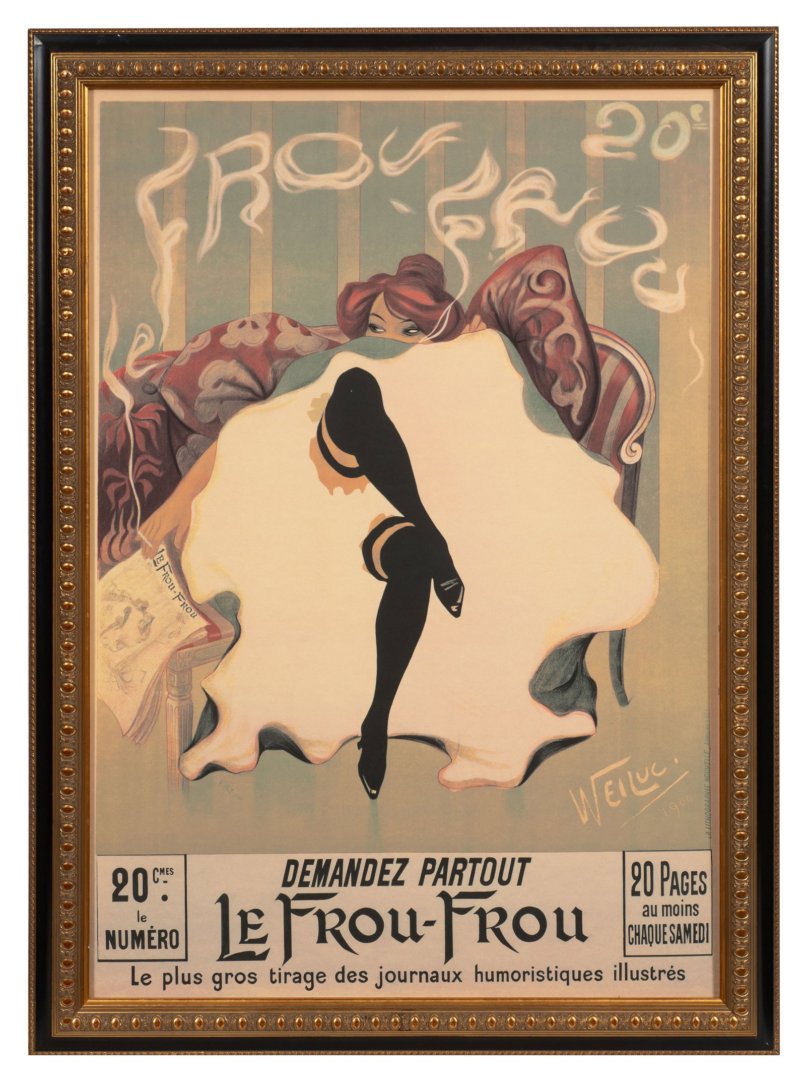 Repro Poster of French Le Frou-Frou by Weiluc.: The lot consists of a framed reproduction poster of the early 20th century French illustration titled Le Frou-Frou by Lucien-Henri Weil, or Weilus. The ornate gilded frame measures 49 1/4" tall and
