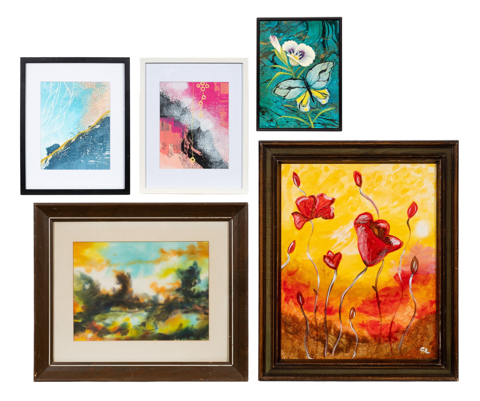 Five Piece Lot of Miscellaneous Artwork.: This lot contains a miscellaneous assortment of acrylic paintings, mixed-media works, and a watercolor painting. The butterfly image is signed "Heyden". Paperwork/Provenance: N/A Condition: The works 