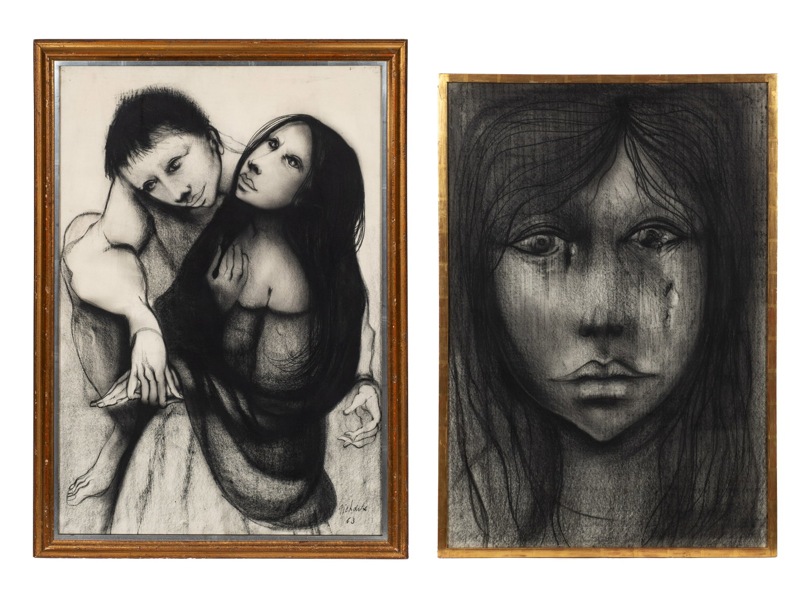 Lot of Two Drawings by Michelle Michaux.: Artist(s): Michelle Michaux (French, b. 1927). Medium: Charcoal drawings on paper. Signature(s): Both are signed and dated. Paperwork/Provenance: One has a tag from Kovler Gallery attached en verso. C
