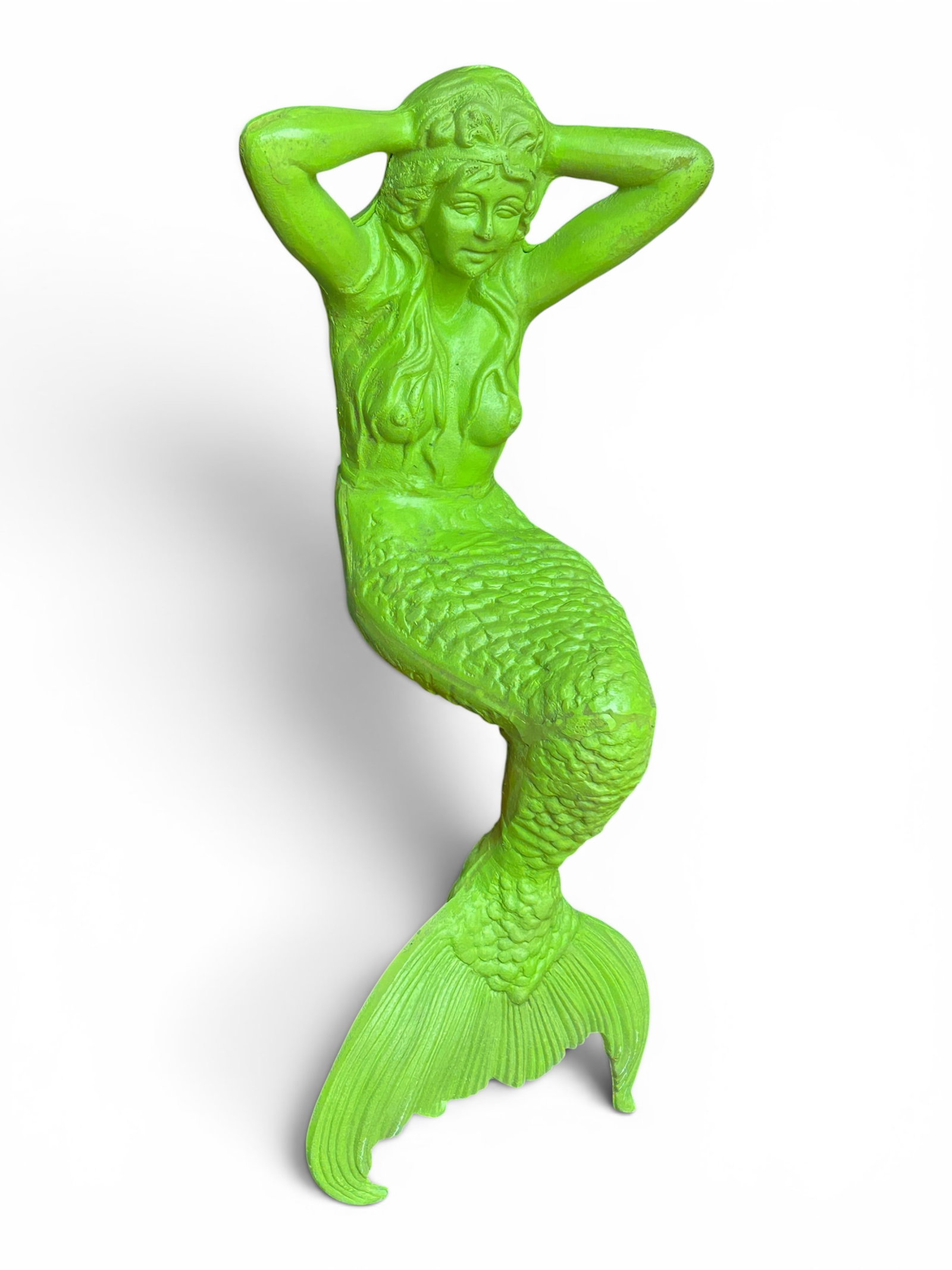 Cast Aluminum Sitting Mermaid Garden Sculpture.: The sculpture depicts a topless mermaid sitting down, resting her head on her arms. It is painted bright green. It measures 30" tall, 15 1/2" wide, and 17 1/2" deep. There are some scratches and