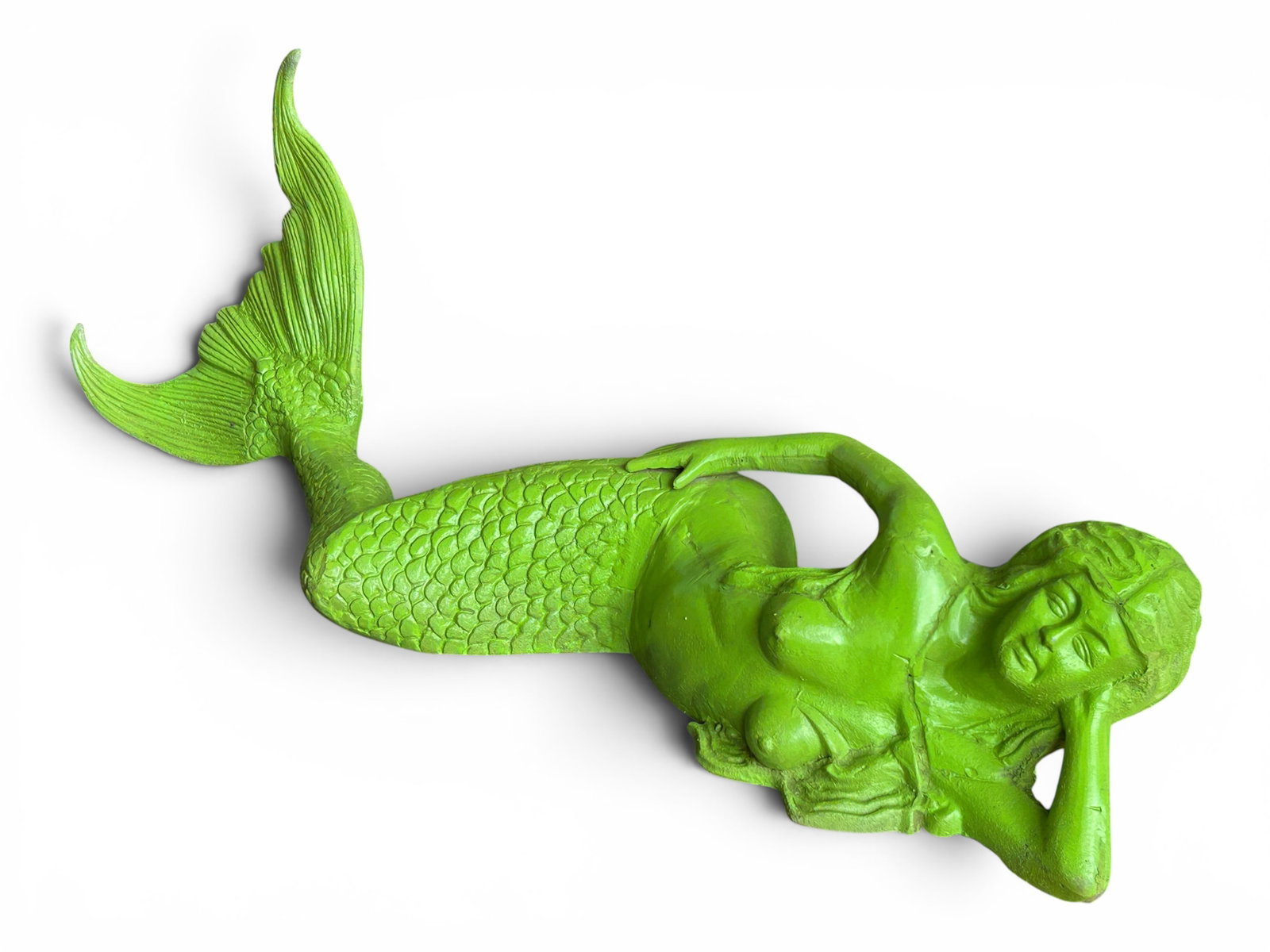 Cast Aluminum Reclining Mermaid Garden Sculpture.: The sculpture depicts a topless mermaid laying on her side. It is painted bright green. It measures 14" tall, 43" long, and 12" deep. There are some scratches and stains on the piece. Otherwise, it is