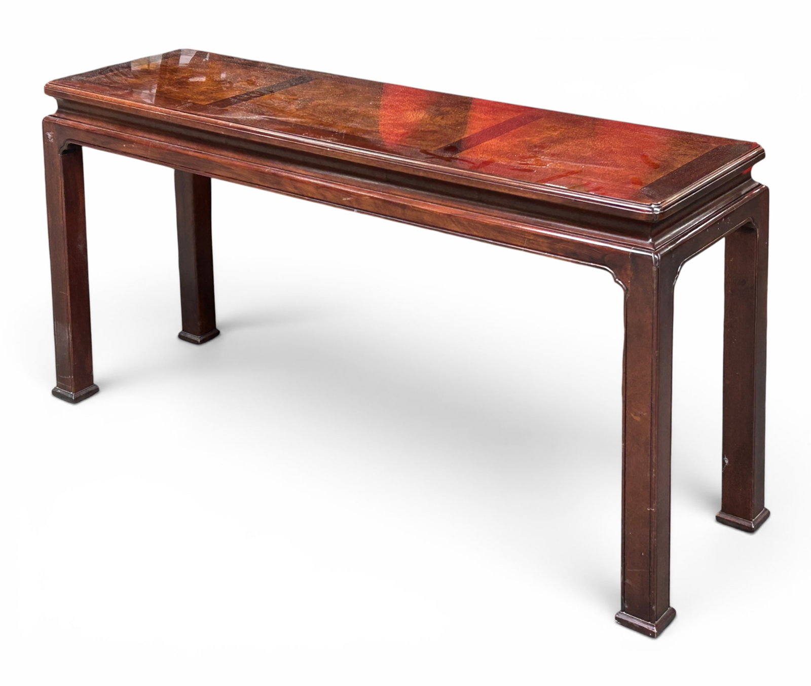 Henredon Chinoiserie Burled Wood Console Table.: This Ming style table has inset panels and a varnished finish. There are minor scratches, but overall, it is in good condition. The piece measures 54" wide, 16" deep, and 27" tall. Third-party