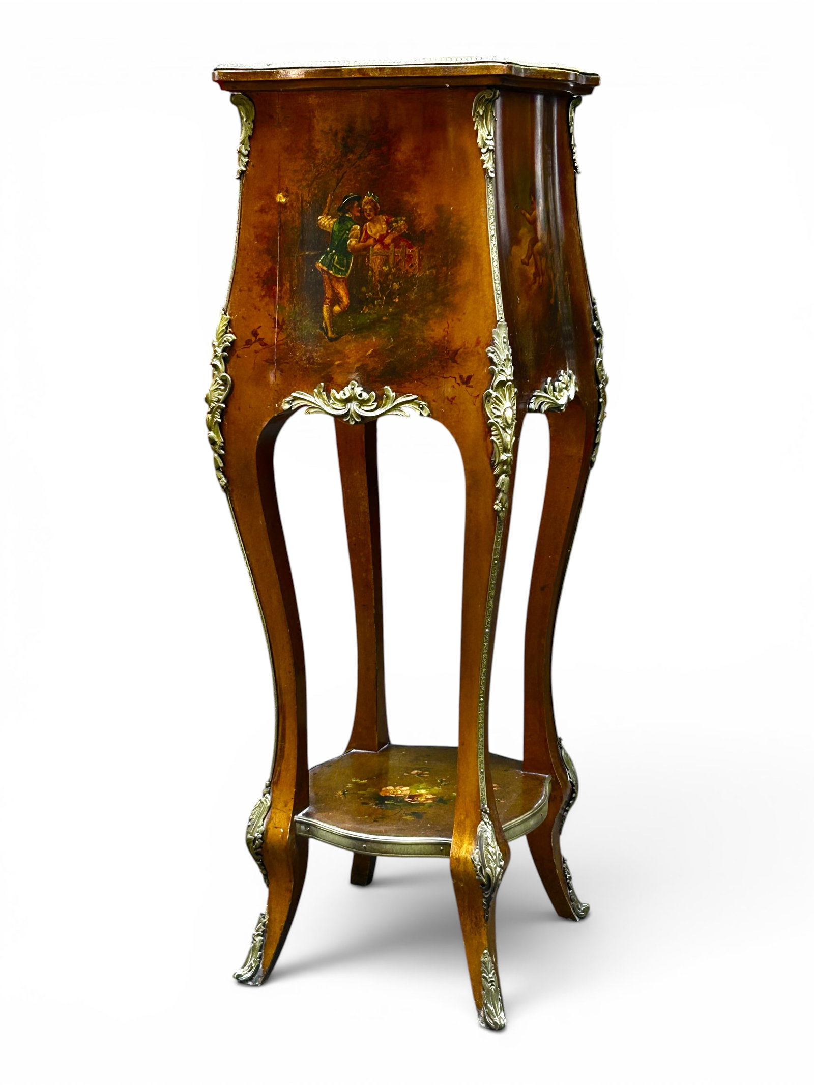 French Pedestal Stand w/ Brass & Figural Painting.: The antique plant or lamp stand features brass trim and relief decorations on the edges of the top and the curves of the legs. It also features handpainted scenes on all four sides of the top
