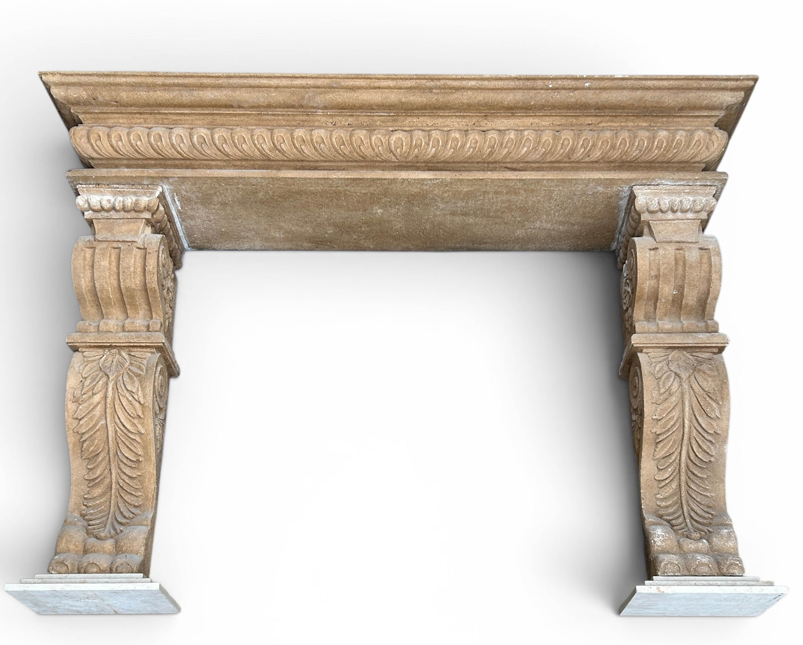 Huge Cast Stucco Terracotta ? Fireplace Surround.: It features scroll, flower, and foliage designs. It measures 60 3/8" tall, 85" wide, and 21" deep. The paw feet columns measure 10" wide, and their bases measure 16" wide. One of the columns has a