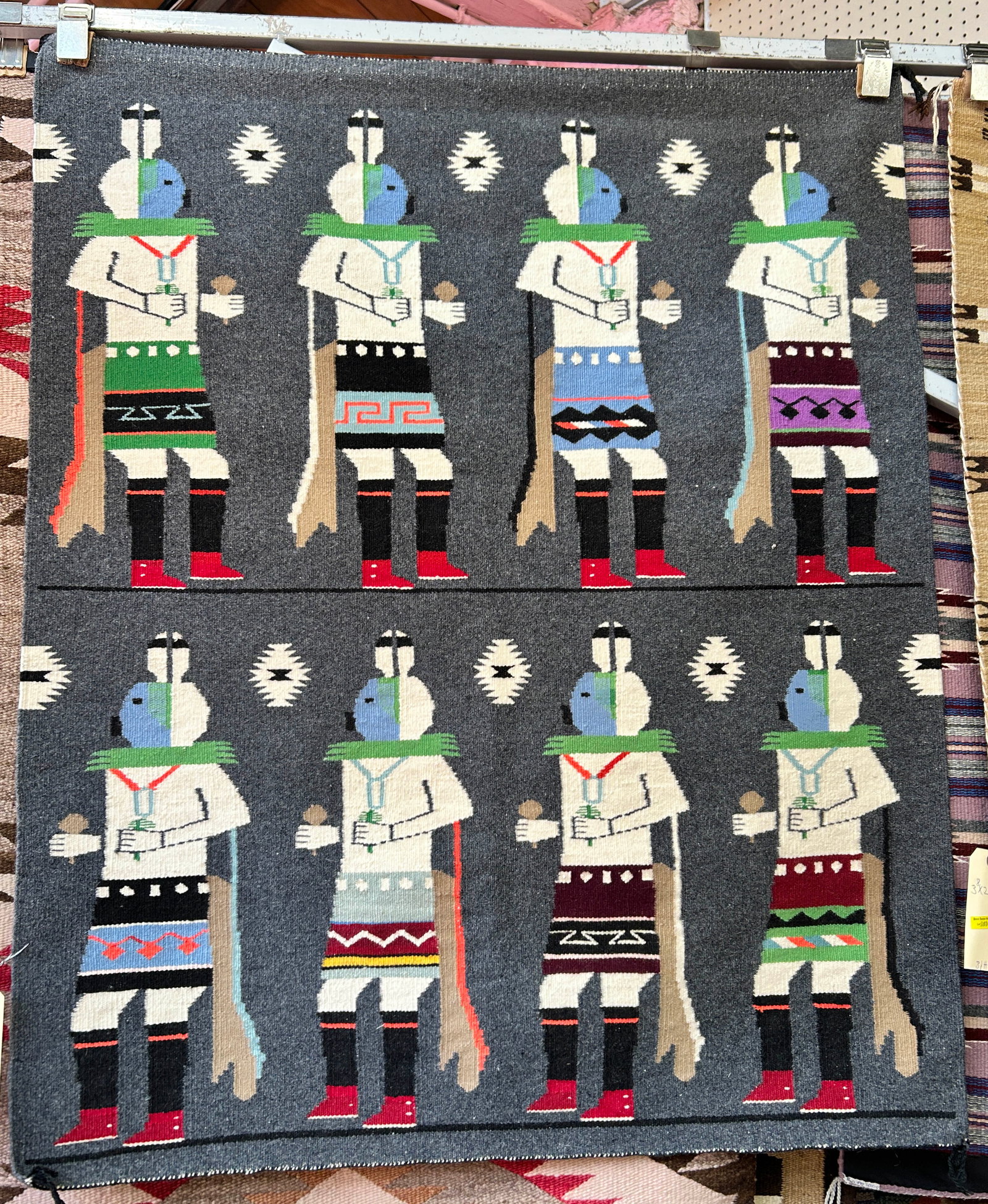 3' 3" x 3' 11" Navajo Rug w/ Kachina Figures.: The rug is on the newer side. It looks to be in good condition. In-House Shipping is available for this rug. Please see our website for our in-house shipping procedures.