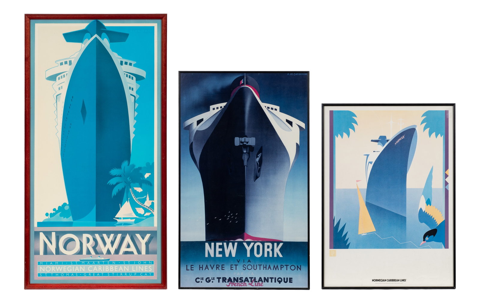 3 Repro. Cruise Posters - Norwegian, French Line.: The lot contains 3 framed reproductions of antique posters. Two of them are for Norwegian Carribbean Lines. The largest piece was designed by Dennis Ziemienski in 1988, and the other is signed DF.