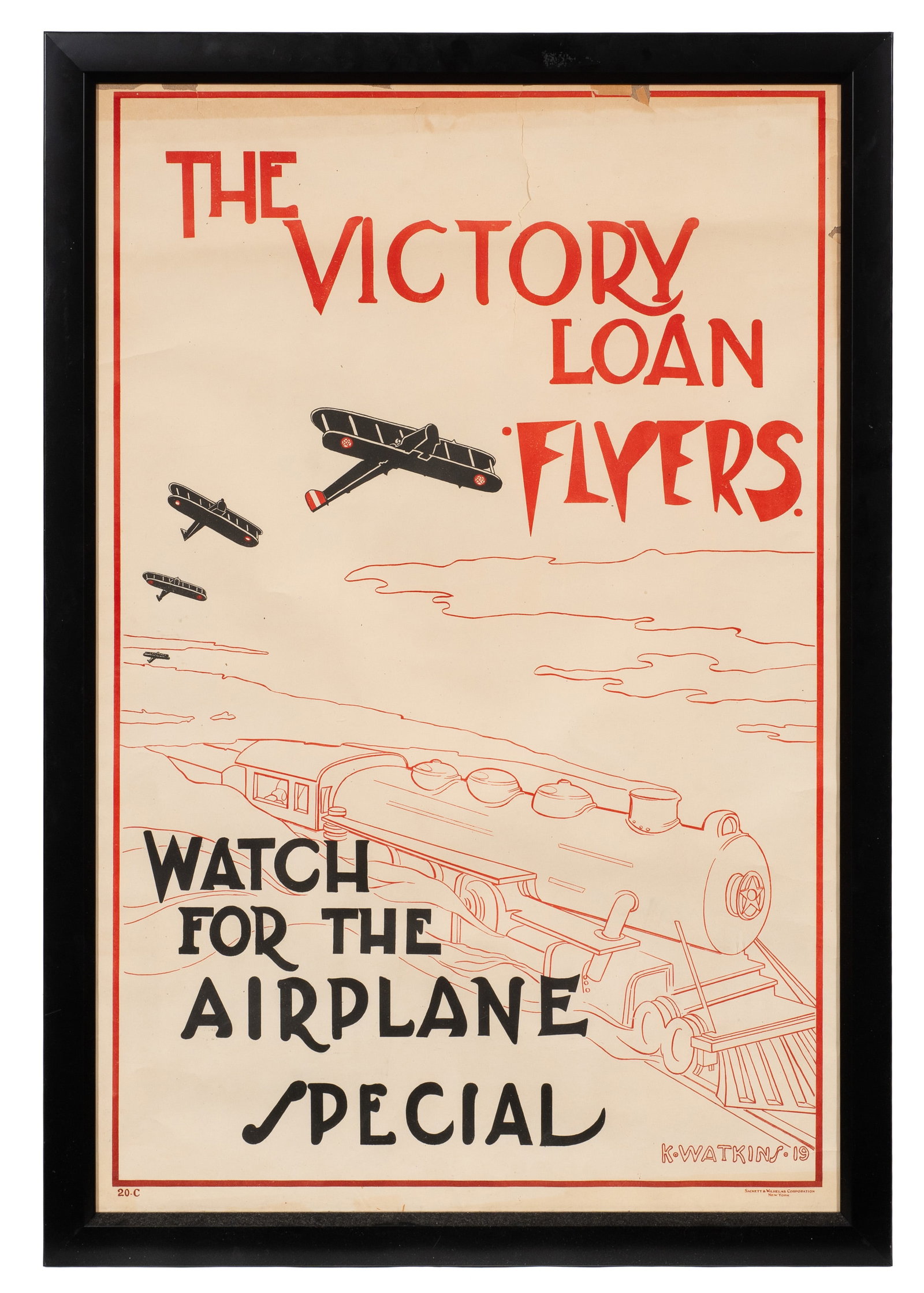 WWI Victory Loan Flyers Poster, 1919, Framed.: The framed poster is marked K. Watkins 19 on the bottom right, along with other text. It has some yellowing and tears and missing bits along the top and left corner. The poster measures 29 1/4" x 19 3